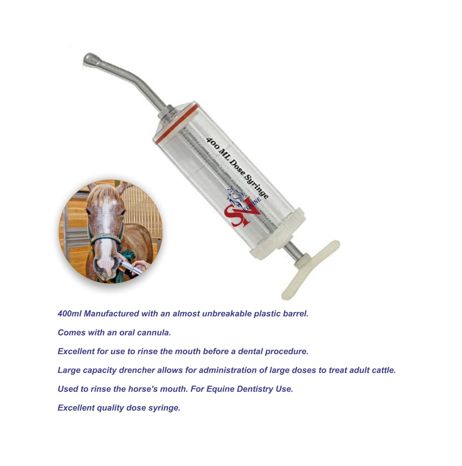 Equine Plastic Dose Syringe 400mL, Stainless Steel Nozzle, Dental