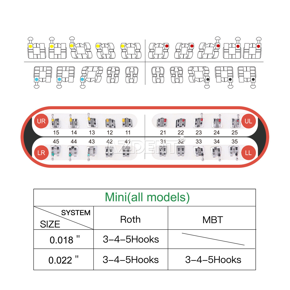 AZDENT Dental Orthodontic MIM Monoblock Brackets Brace Mini MBT/Roth Hooks 345