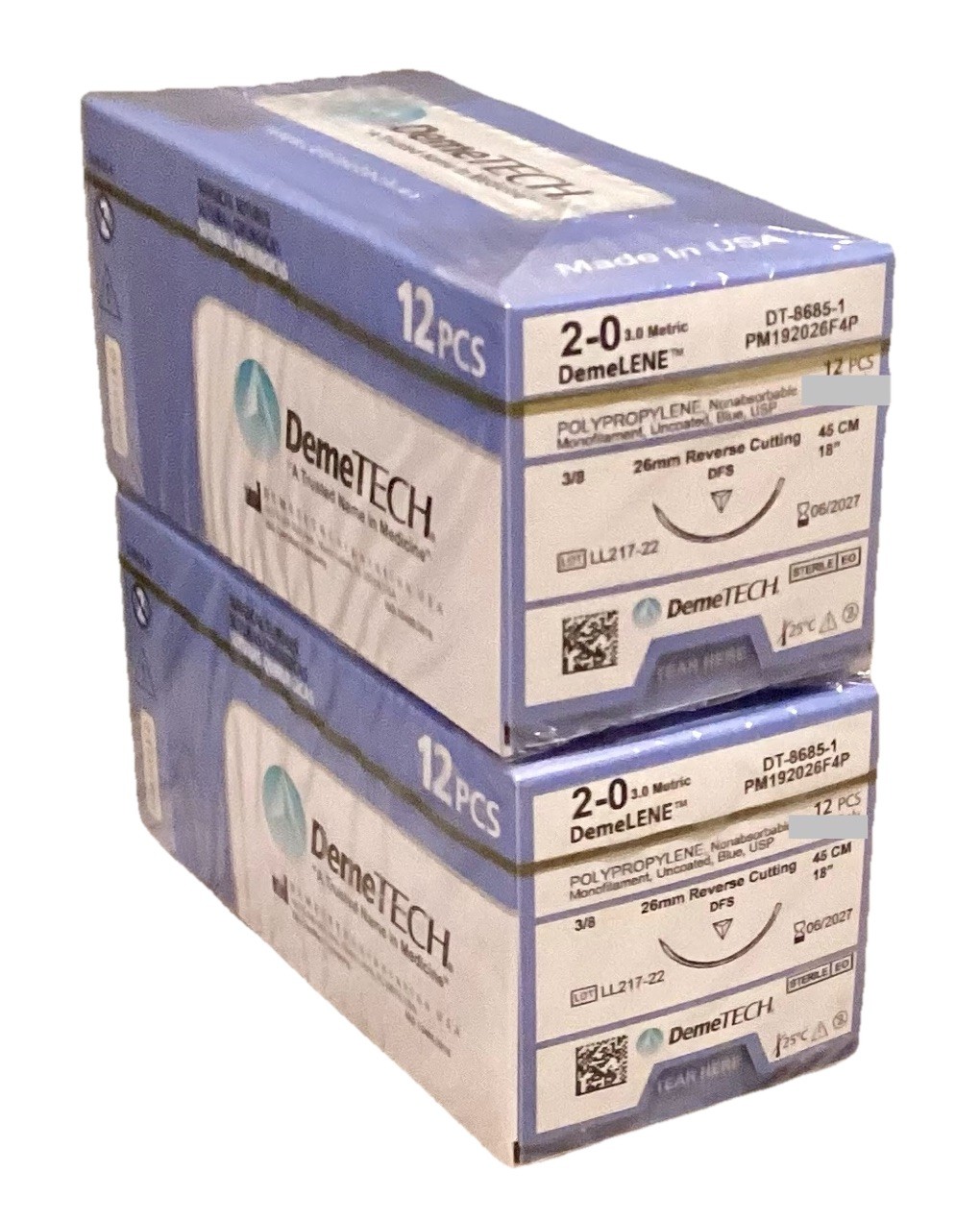DemeLENE 2-0 Polypropylene Sutures 18” DFS 26mm RC 3/8c EXP 2027 NEW 2ct