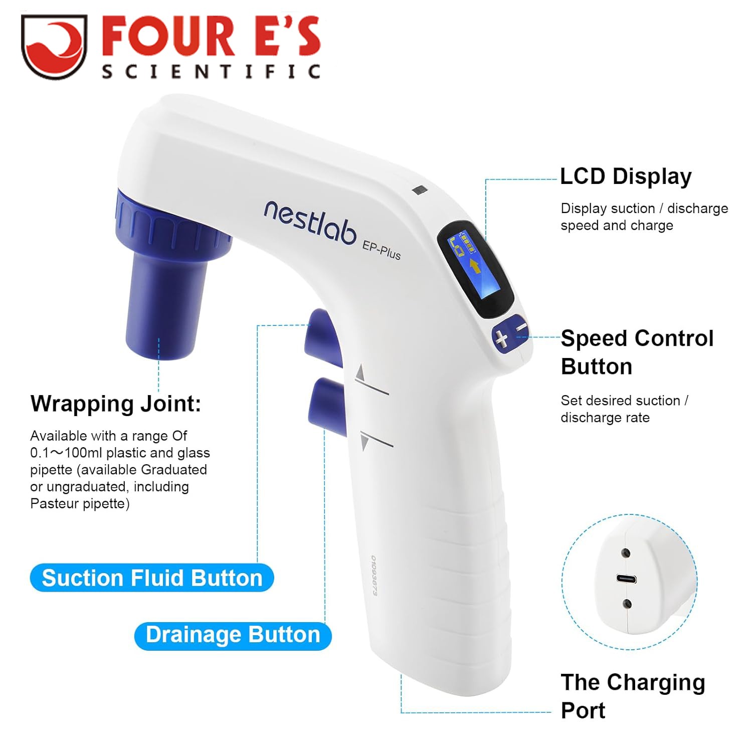 0.1-100ml Lab Electric Pipette Controller Digital LCD Adjustable Pump 100‑240V