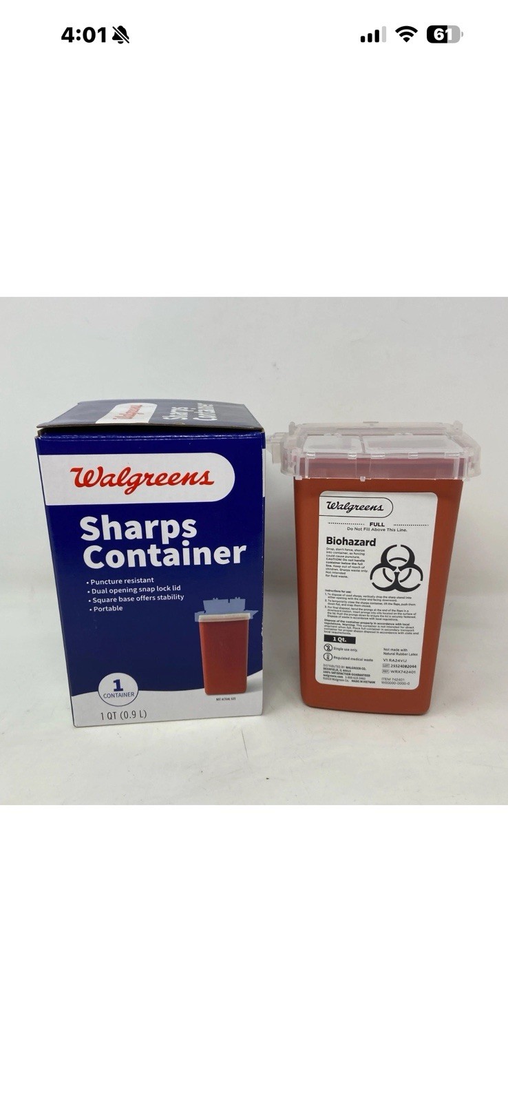 Walgreens Sharps Container Red 1 Qt Biohazard Needle Disposal x 2 pack