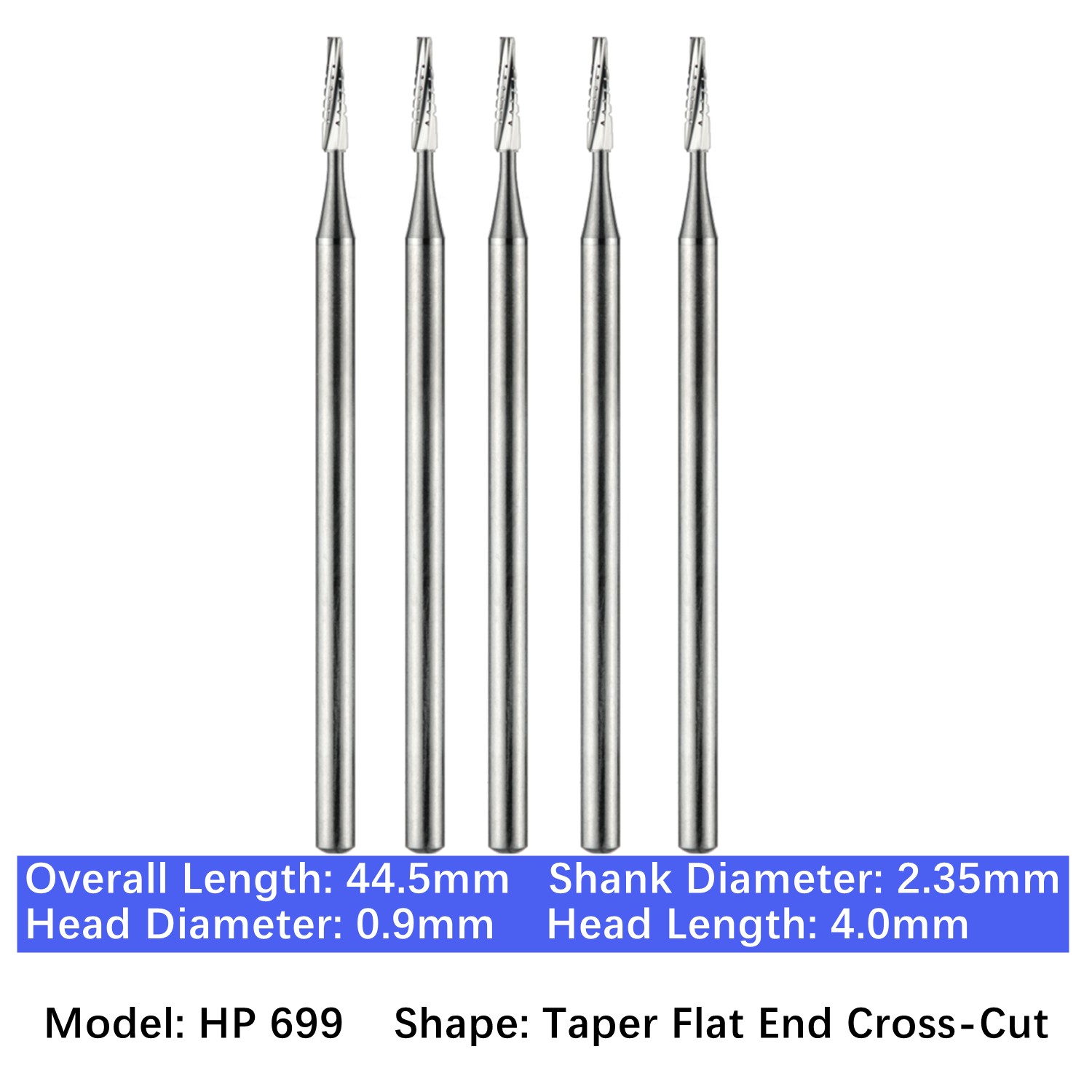 5/pk Vakker Dental HP Carbide Burs Long Straight Taper Fissure Burs Low Speed