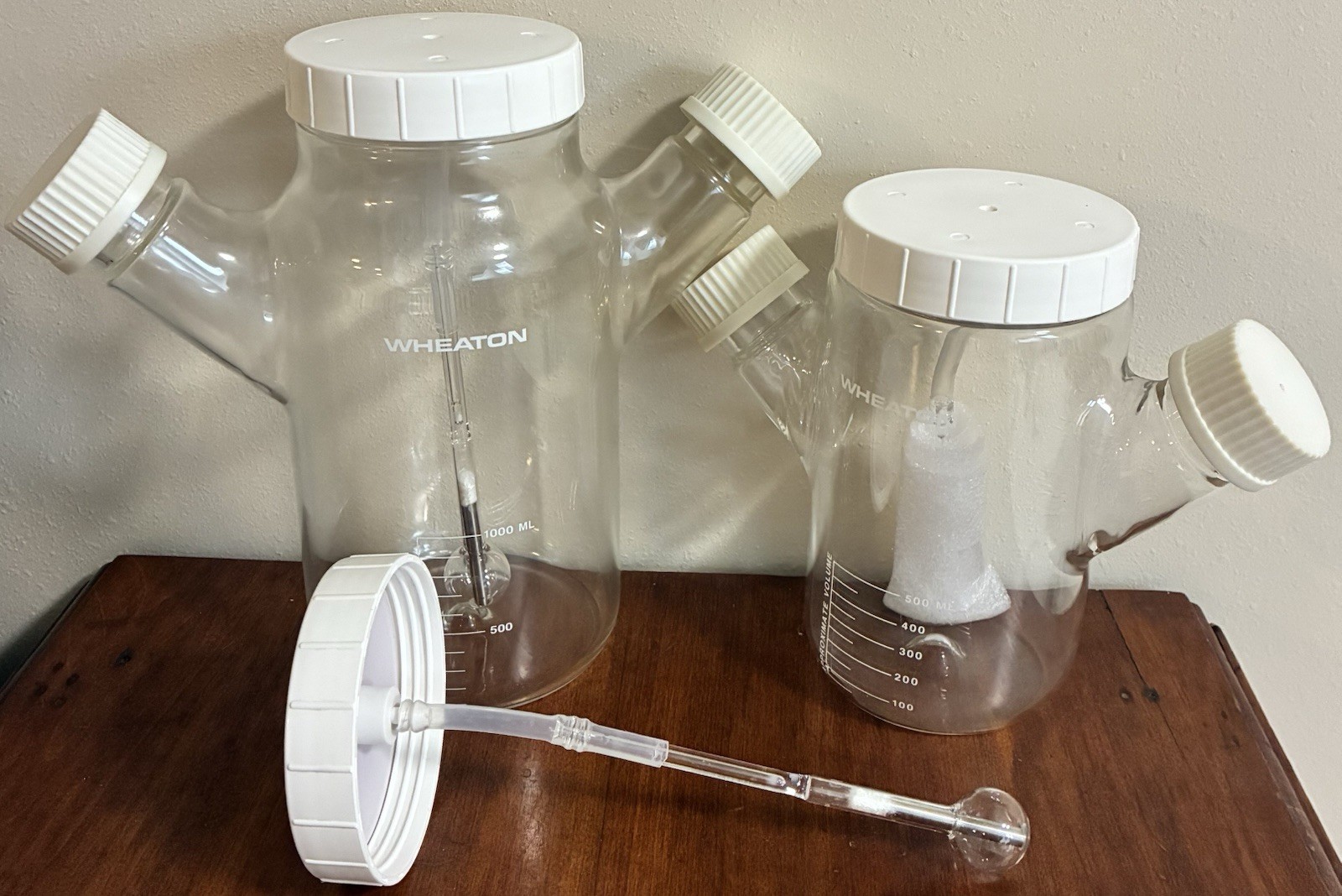🚨2x Wheaton 1000mL + 500mL Mixing Glass Lab Spinner Flasks Double Sidearm