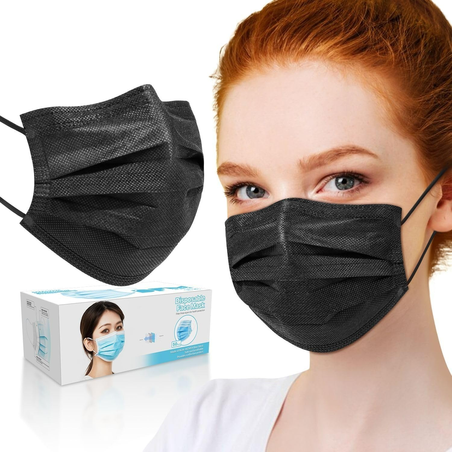Pack of 50 Black 3-Ply Earloop Face Masks – Effective Pollution Protection