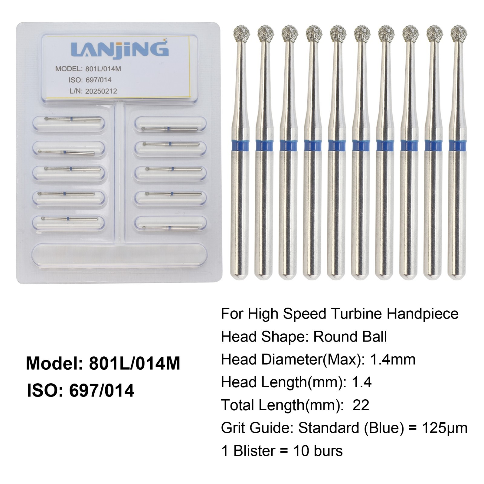 Dental Round Diamond Bur FG Long Shank Surgical Diamond Burs High Speed 801L