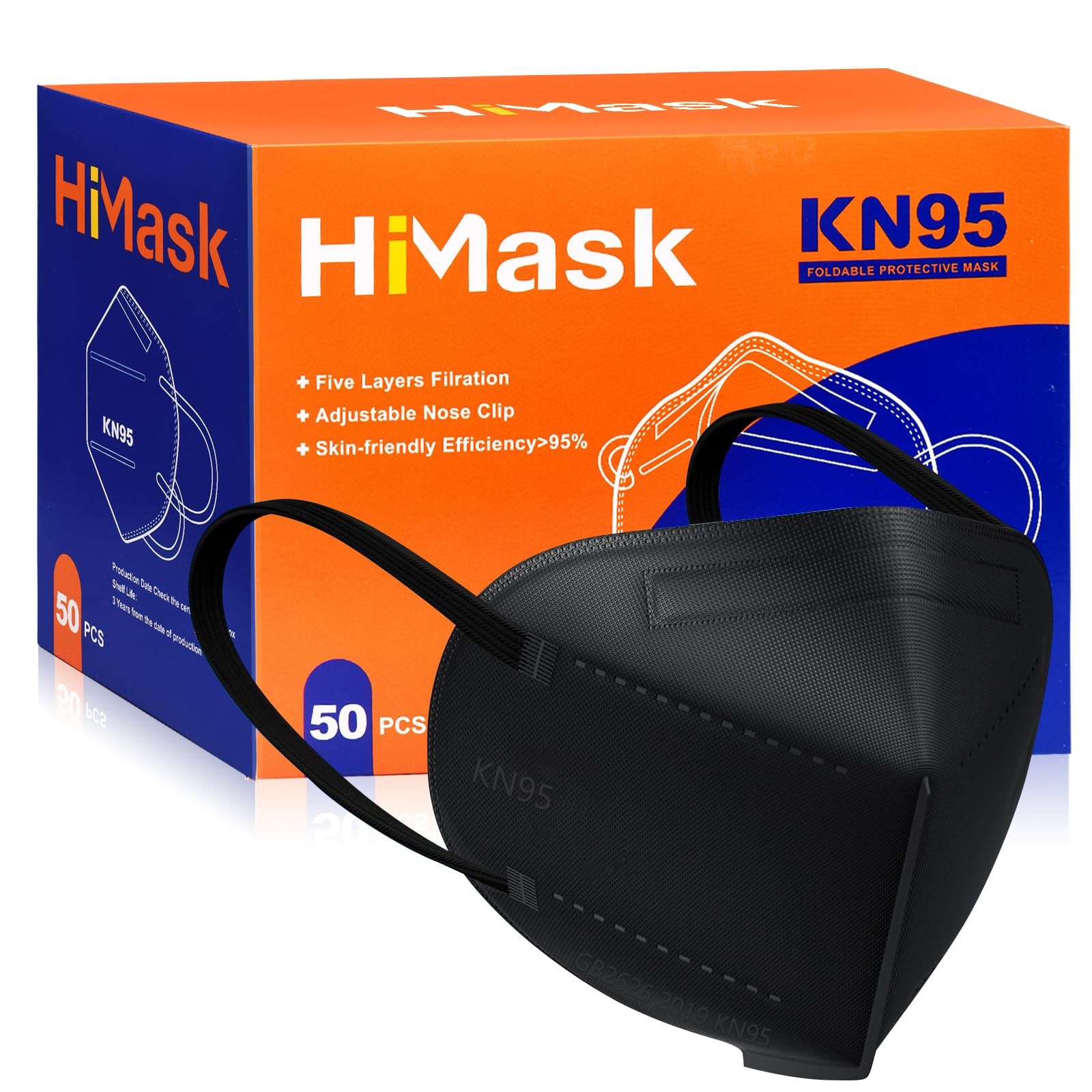 KN95 50 Pack Individually Wrapped 5-Layer Disposable Black
