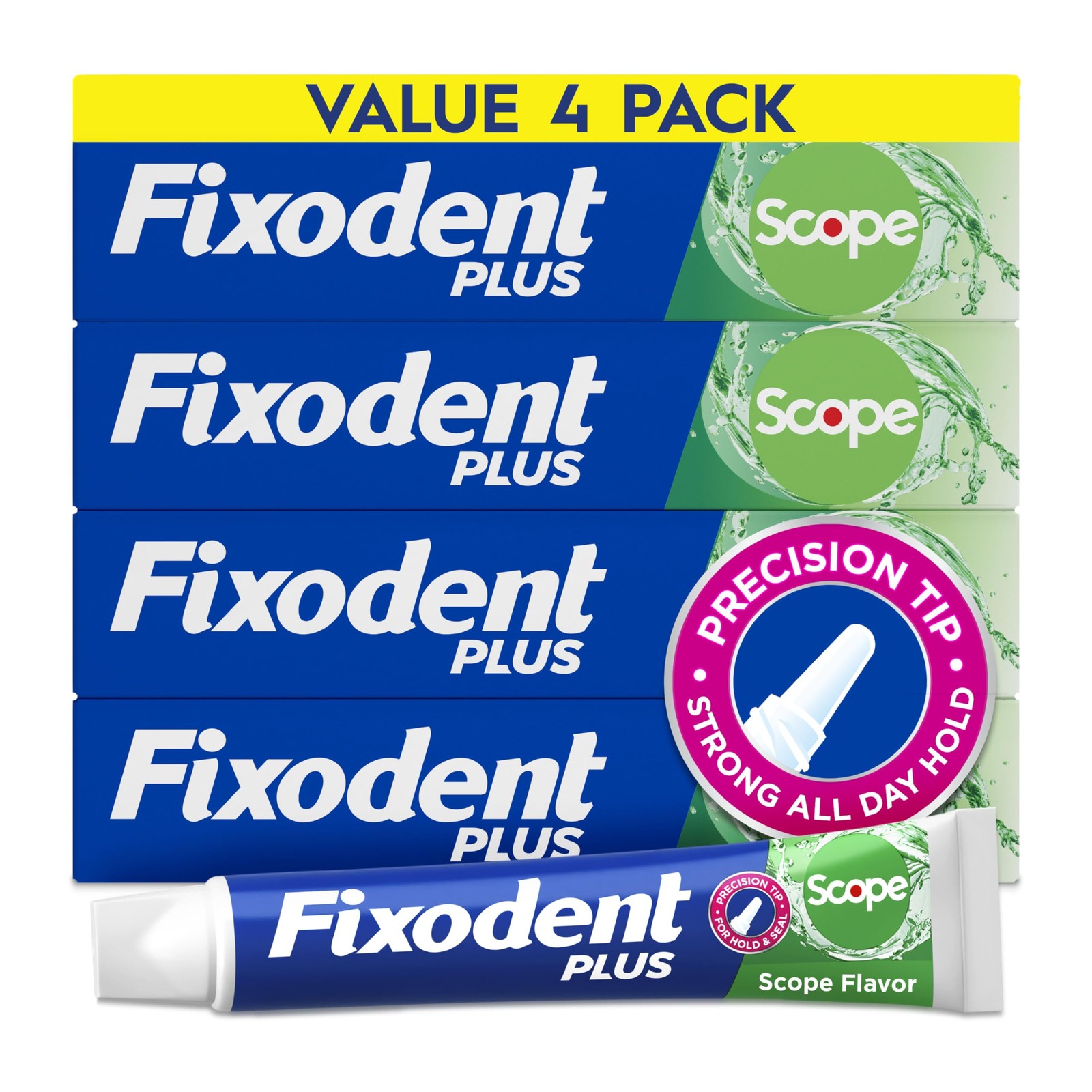 Fixodent Plus Scope Denture Adhesive Cream, 2 Ounce (Pack of 4), blue & green