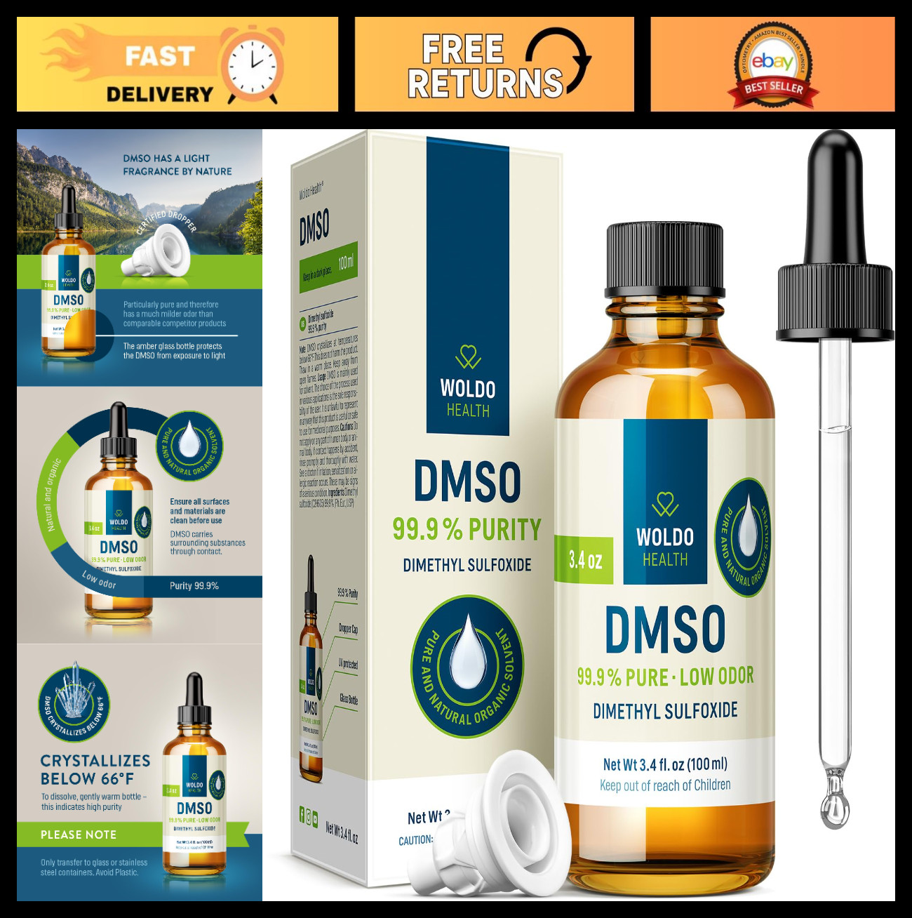 99.9% Pure DMSO Liquid – 3.38 fl. oz Pharmaceutical Grade Dimethyl Sulfoxide Dro