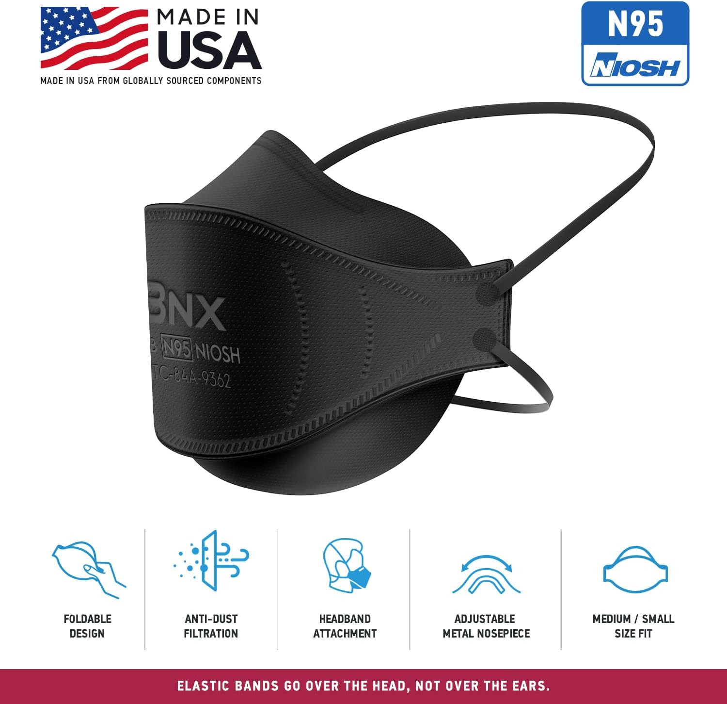 BNX N95 Mask Black NIOSH Certified MADE in USA Particulate Respirator Protective