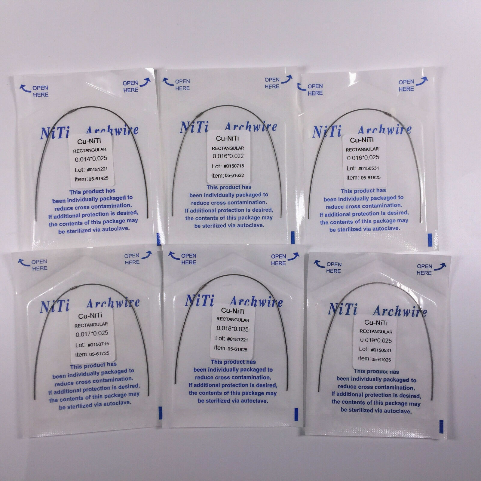 50pcs Dental Copper Cu-Niti Rectangular Arch Wires With Stopper 14-19*25 16*22