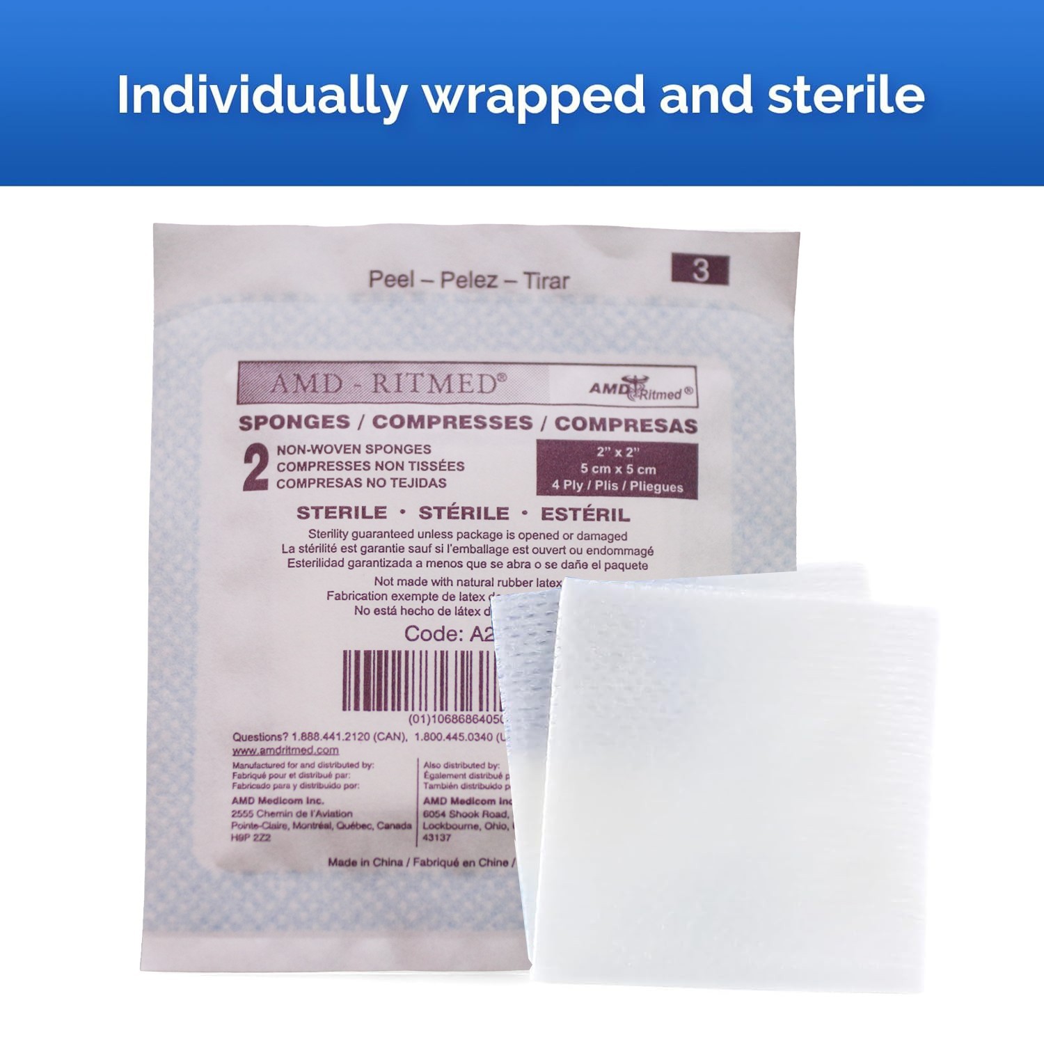 AMD RITMED Nonstick Gauze Dressing Pads, 4-Ply 2×2 Inch (400 sponges ) Sterile