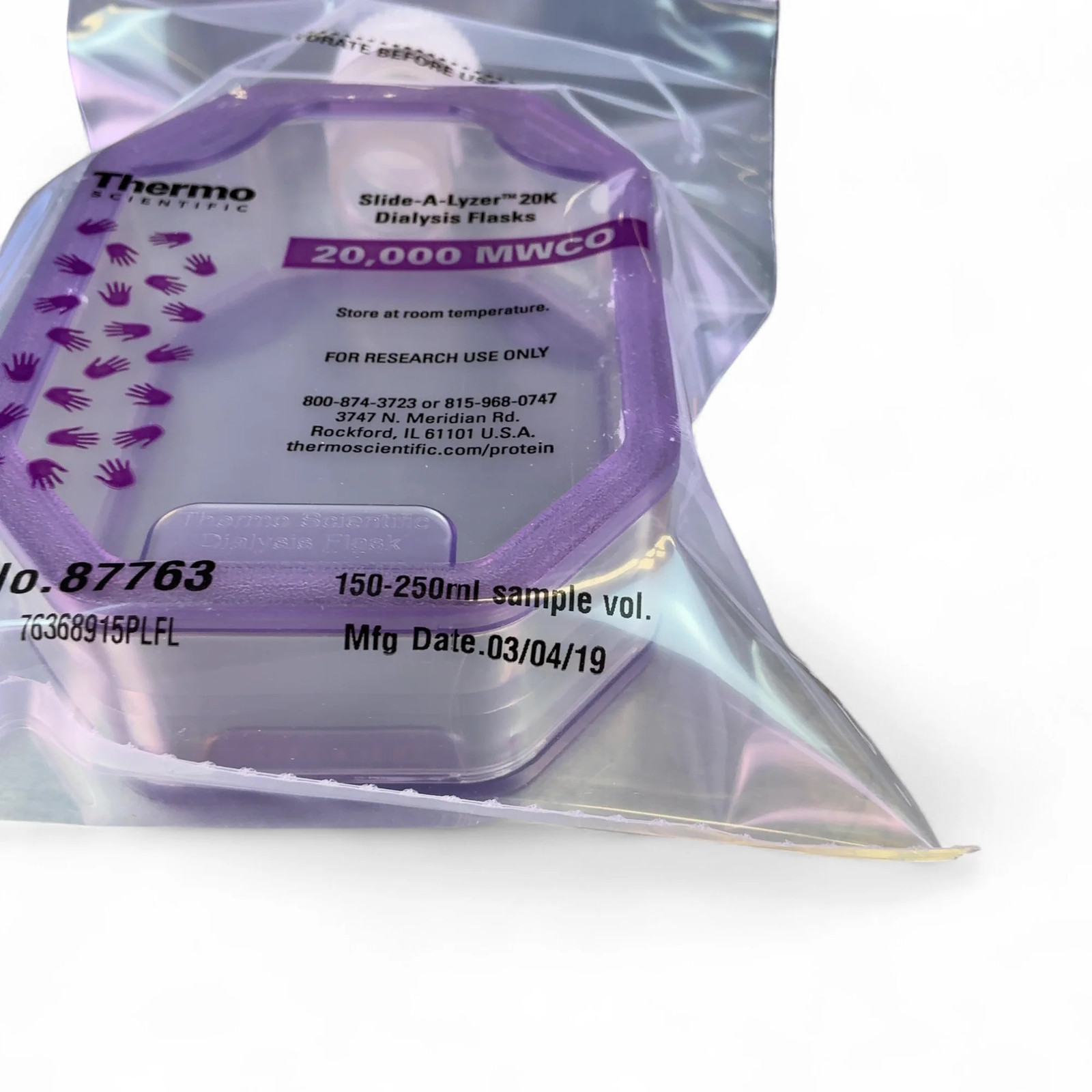Thermo Scientific Slide-A-Lyzer 250mL Dialysis Flask 20K-MWCO 87763, March 2019