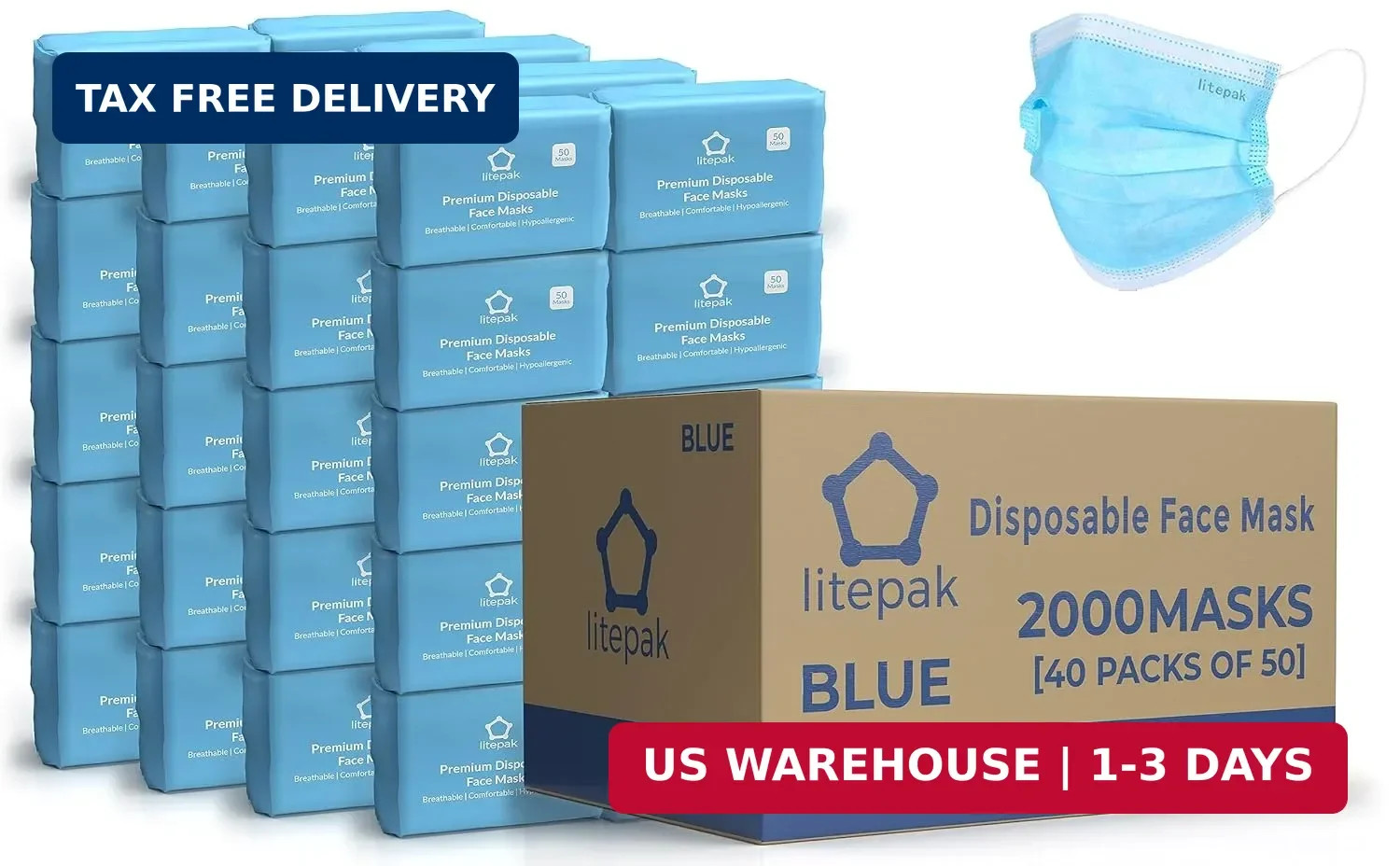 2,000pcs Disposable Face Masks- 3 Ply Breathable Mask For Adults – Blue (40 Pack