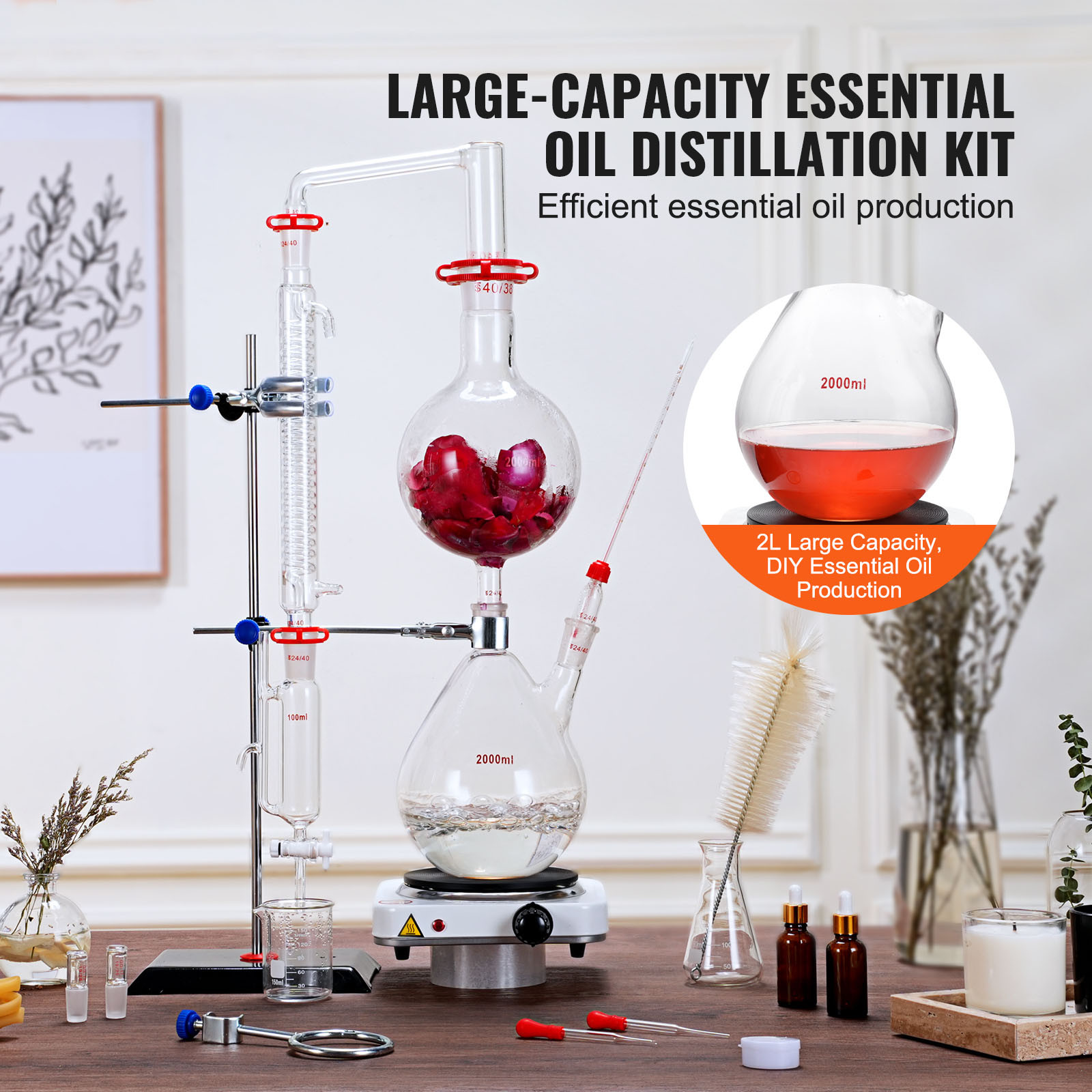 VEVOR 2L Essential Oil Steam Distillation Kit Distillation Apparatus 28 pcs Set