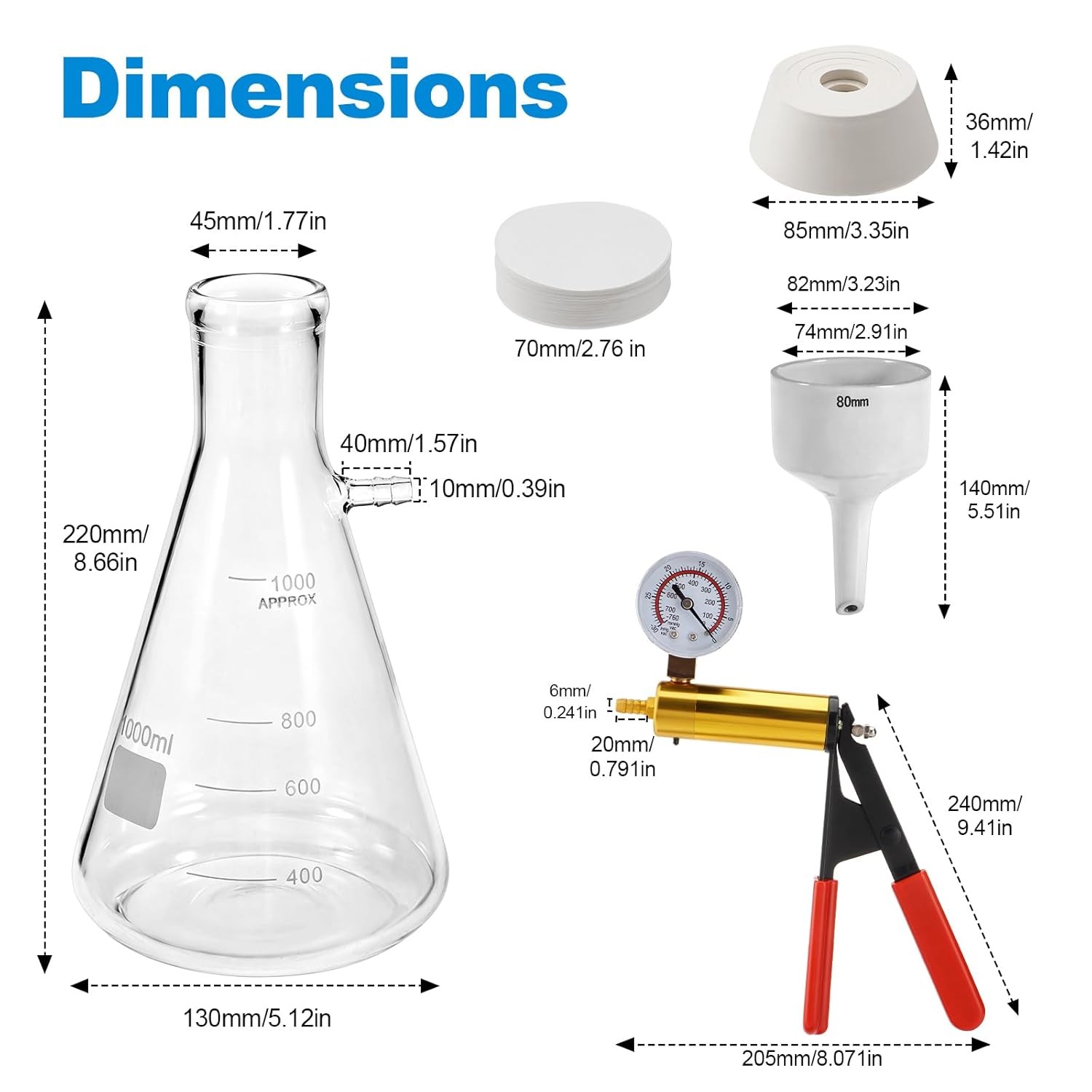 1000ml Buchner Funnel Flask Kit with Hand Pump Vacuum Lab Filters kit Optional