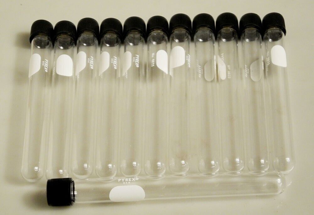 Pyrex Screw Cap Test Tubes #9825 20ml 150mm x 15mm Lot of 12 New