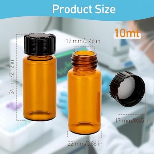 10 Pack 10ml Amber Small Liquid Sample Glass Vials with Screw Caps, Leak-Proof V