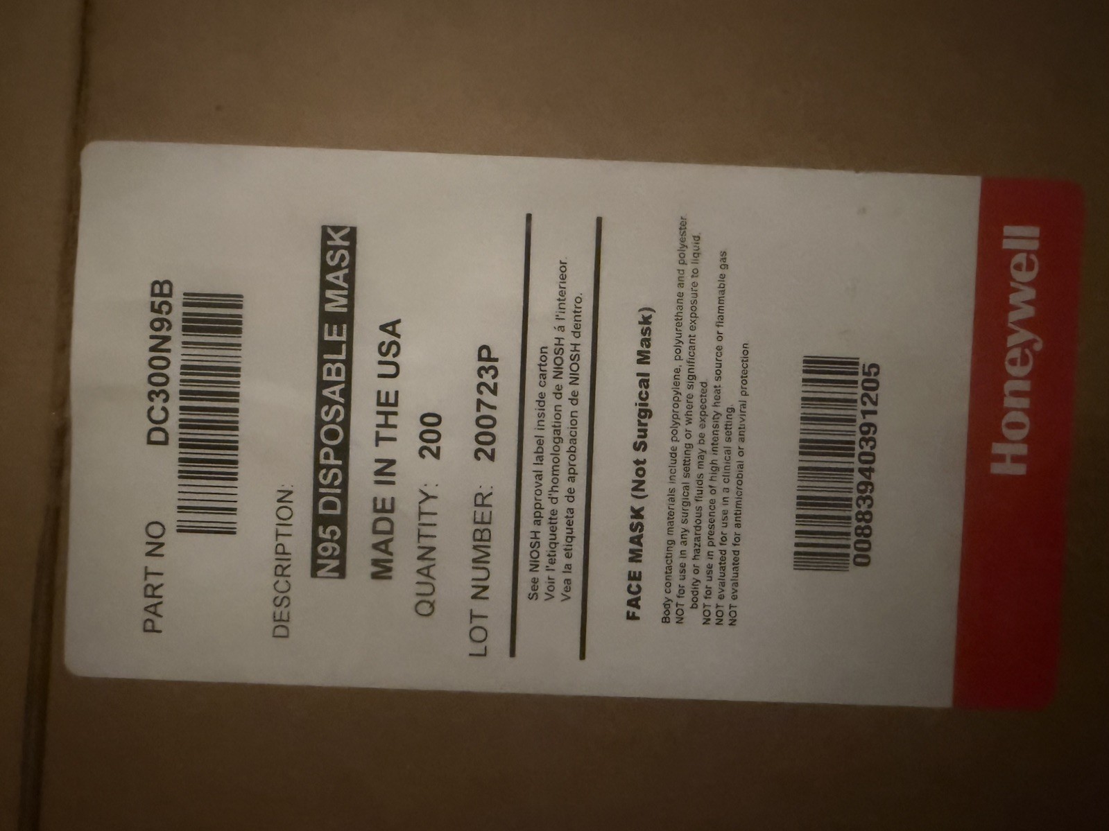 200 Masks Honeywell N95 DC300N95B Particulate Respirators Face Mask NIOSH