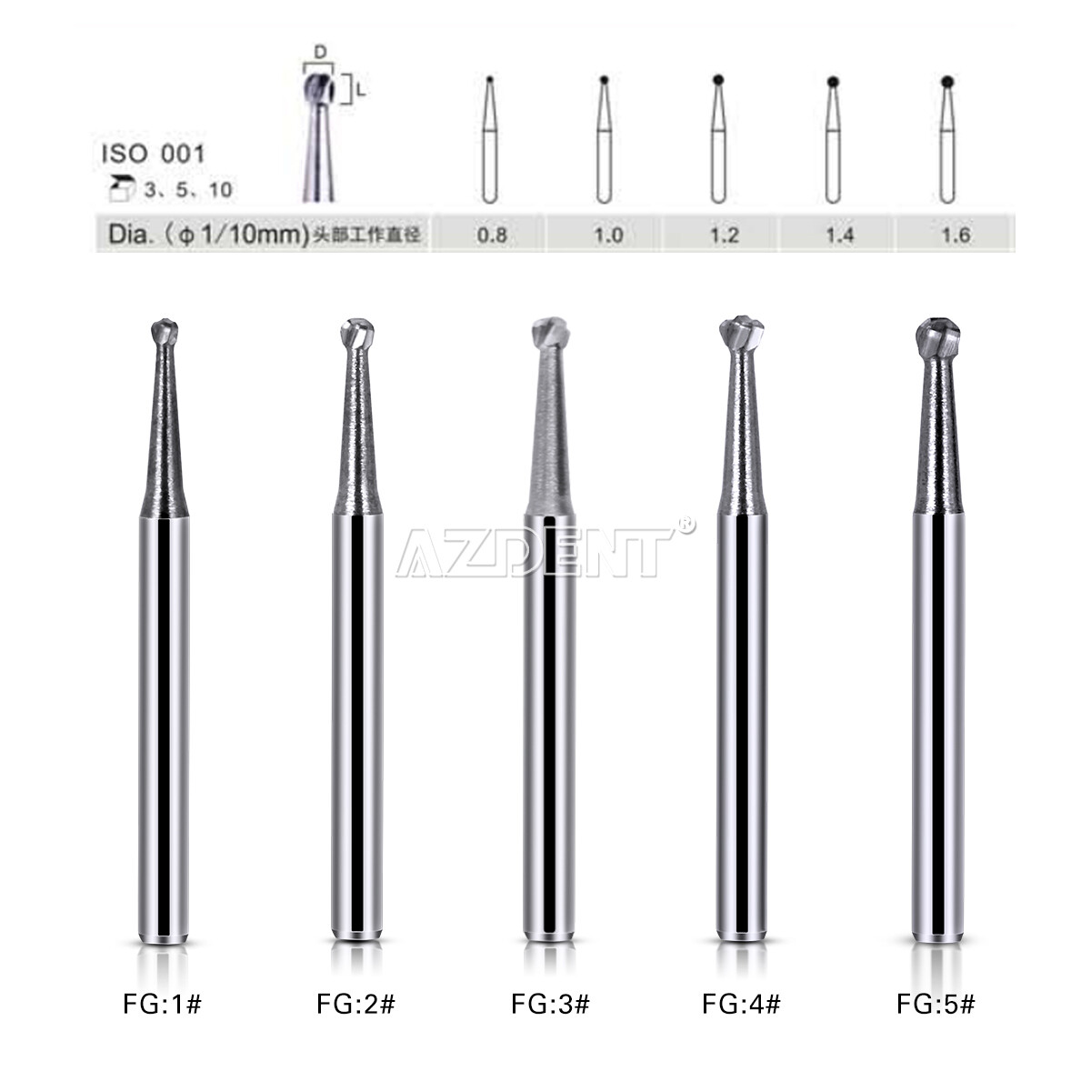 AZDENT Dental Tungsten Carbide Bur FG Dills Round Type For High Speed Handpiece
