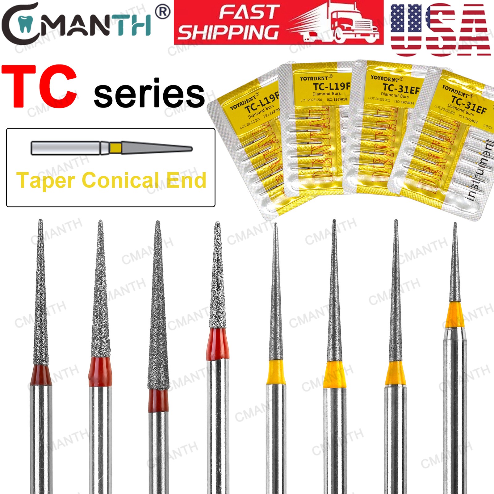 20PCS Dental Diamond Burs FG High Speed Bur TC Taper Conical Fine Grit 858 859
