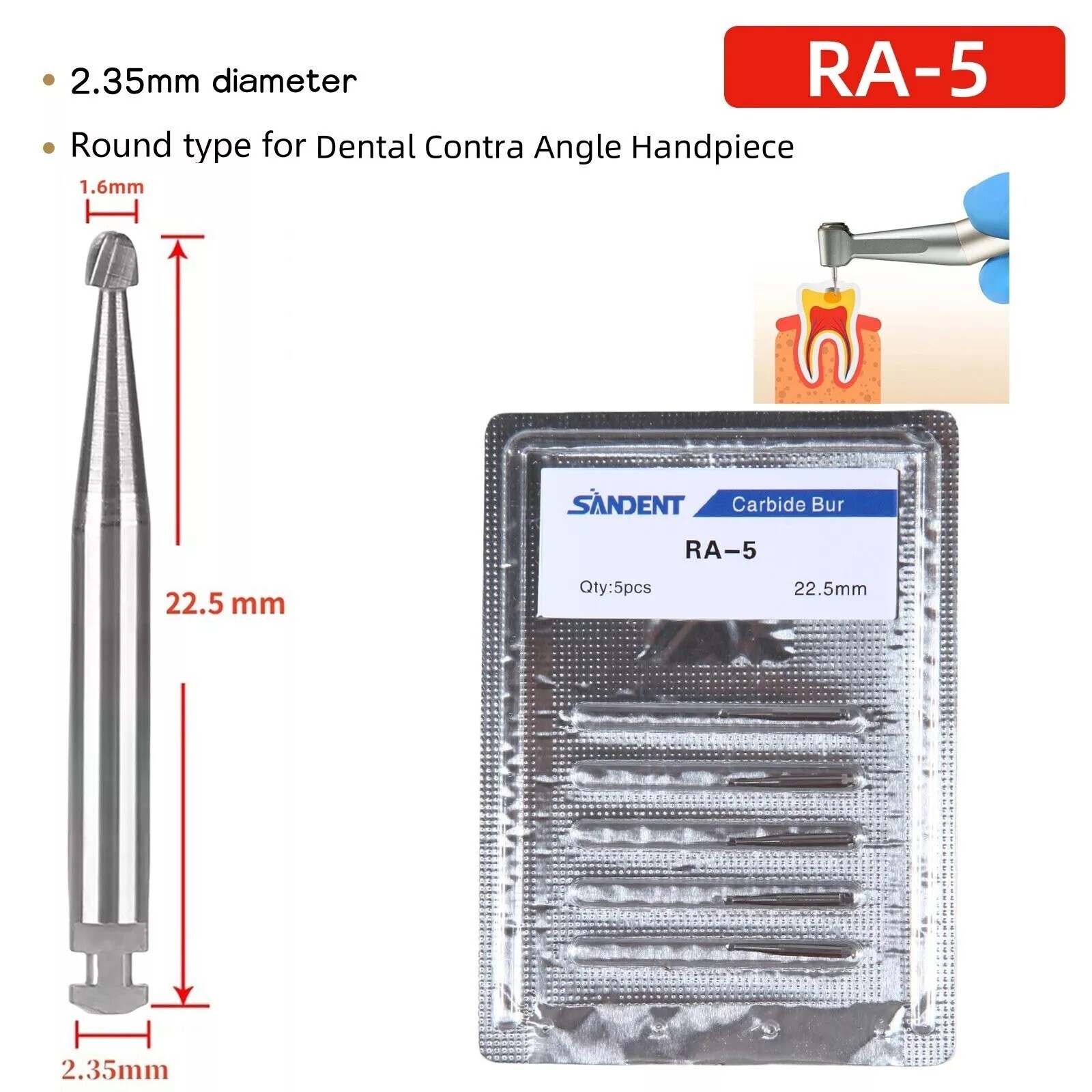 25 Pcs/5 Pack Dental 22.5mm Round Carbide Bur Slow Speed Latch Type RA5 Burs USA