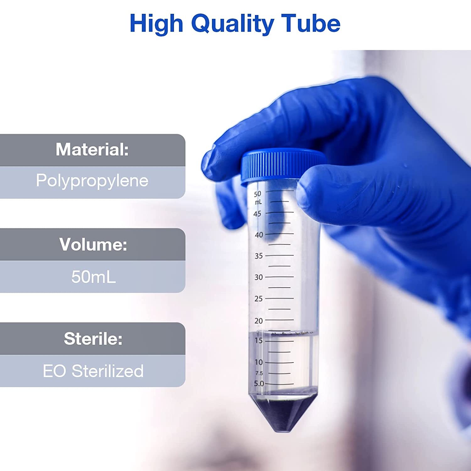 500PCS 50ml Plastic Centrifuge Tube Flat Top Screw Cap Gamma Sterile Graduated