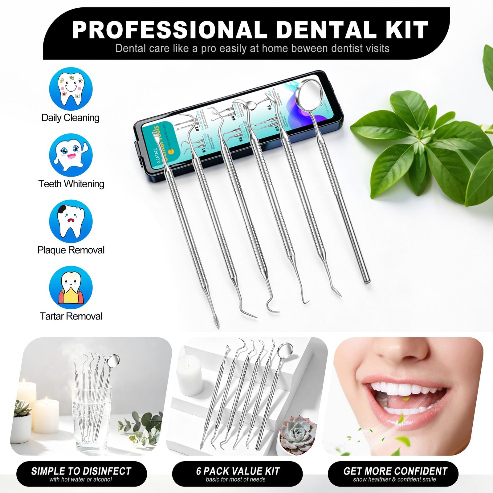 Dental Tools Stainless Steel Teeth Cleaning Kit Plaque Tartar Remover with Case