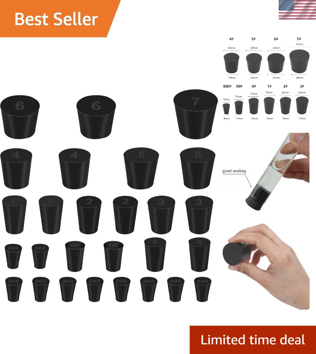 Black Rubber Lab Bungs – 10 Sizes, Perfect for Non-Aggressive Solutions