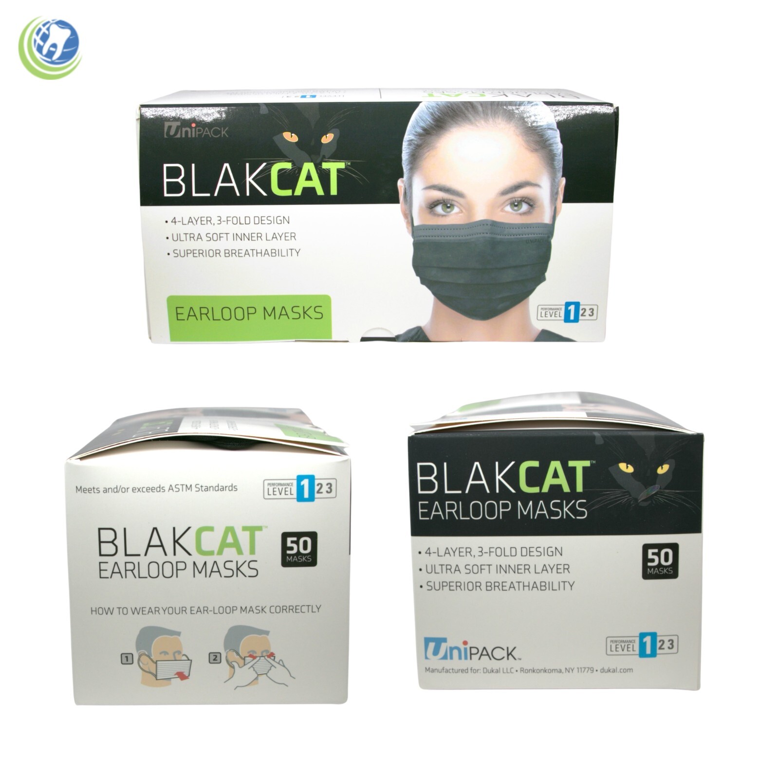 Black Disposable Face Masks Level 1 by Blak Cat 4 Layers 50/Box Medical Dental