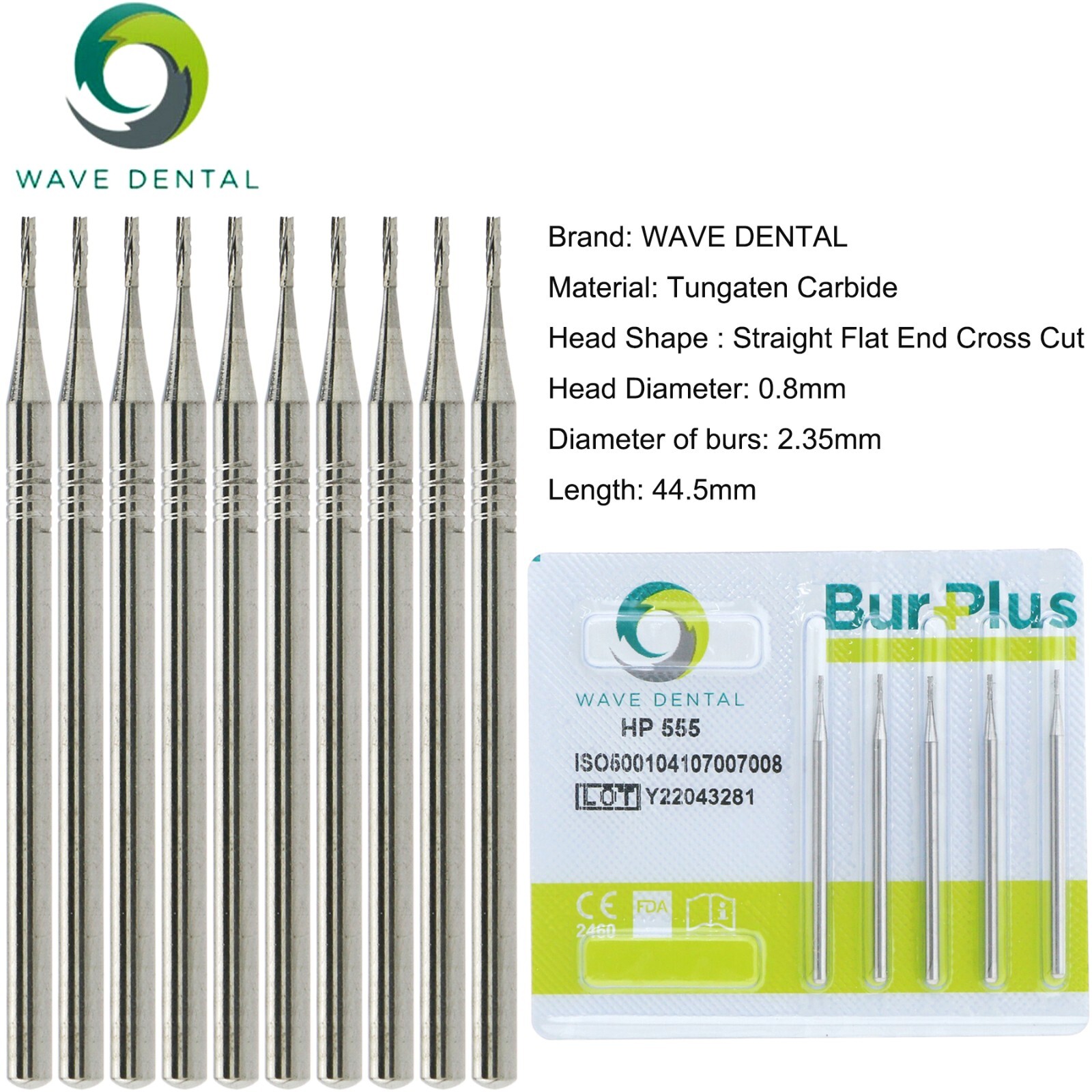 US 10 Pcs WAVE Dental Tungsten Carbide Bur Straight Fissure HP 555 – 563 Prima