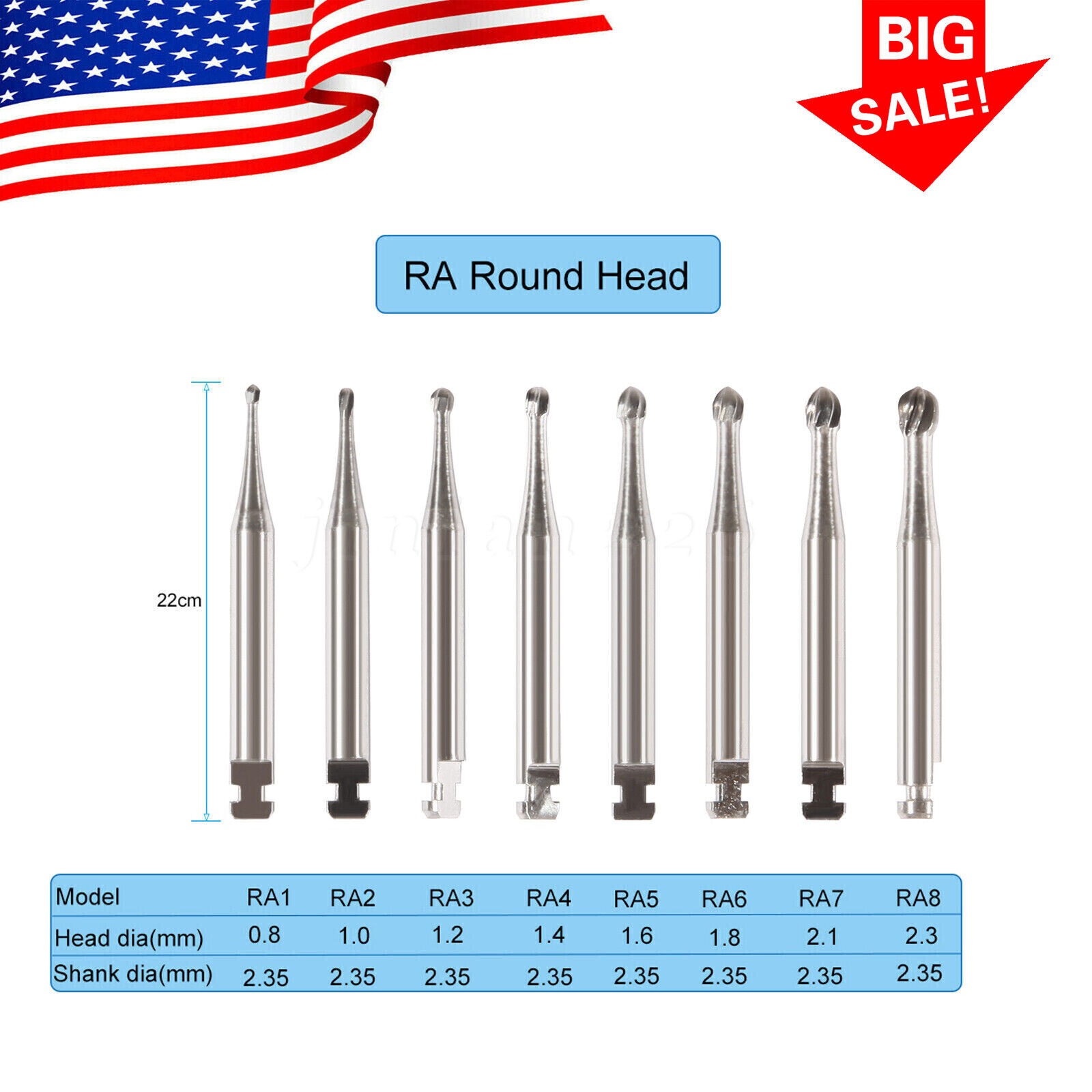 50PC Dental Tungsten Steel Carbide Burs Low Speed Round ball shape RA 1~8 22.5mm