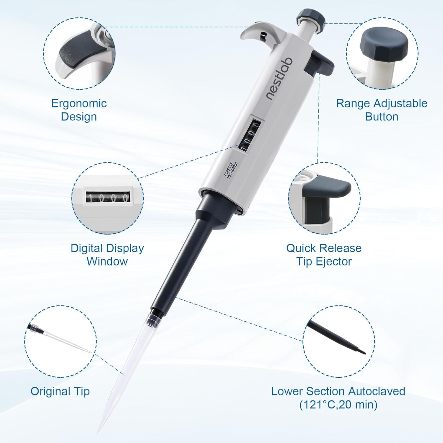 Autoclavable Single Channel Pipette Adjustable Volume Lab Micropipette Pipettors