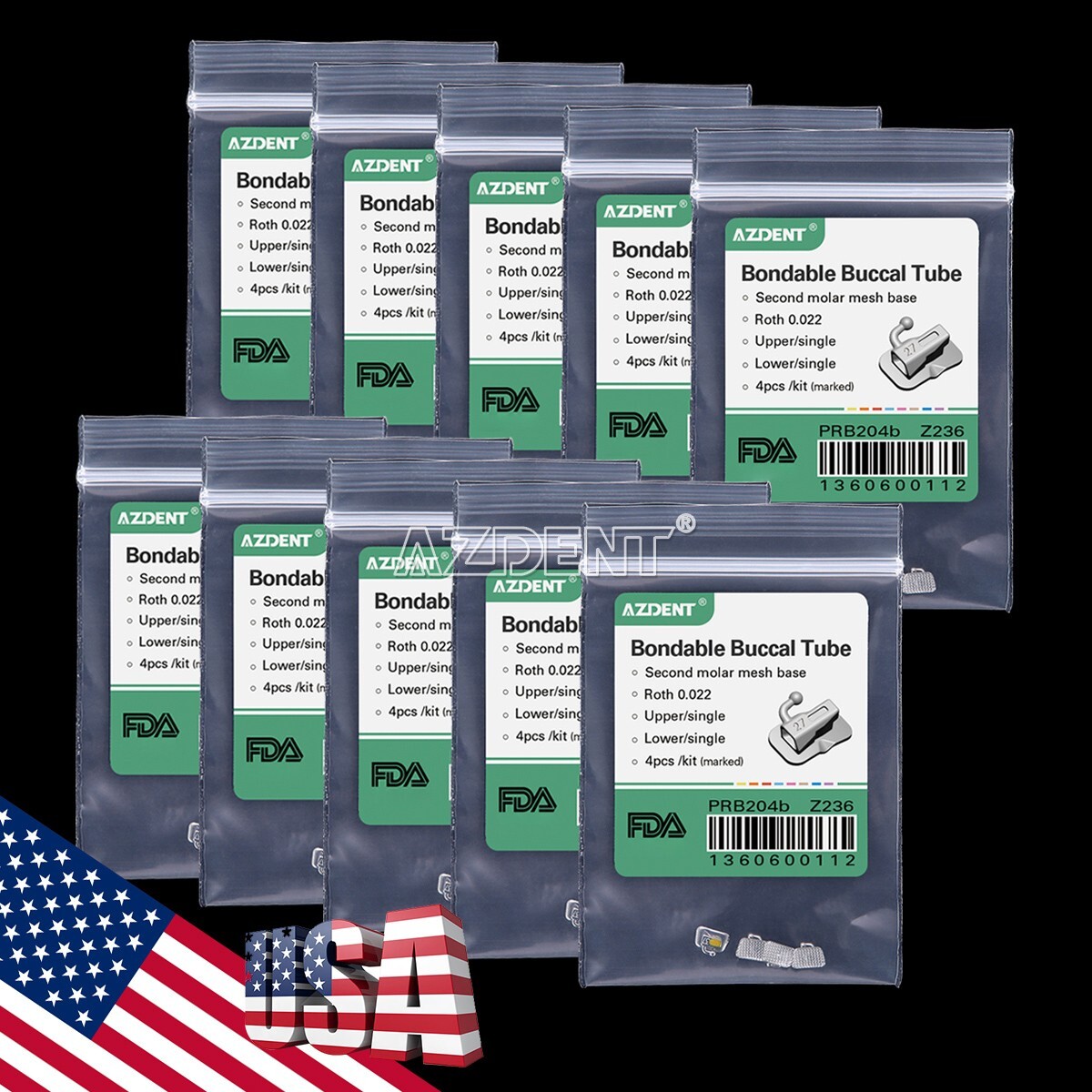 100X AZDENT Dental Orthodontic Buccal Tubes 2nd Molar Bondable Non-Conv Roth.022