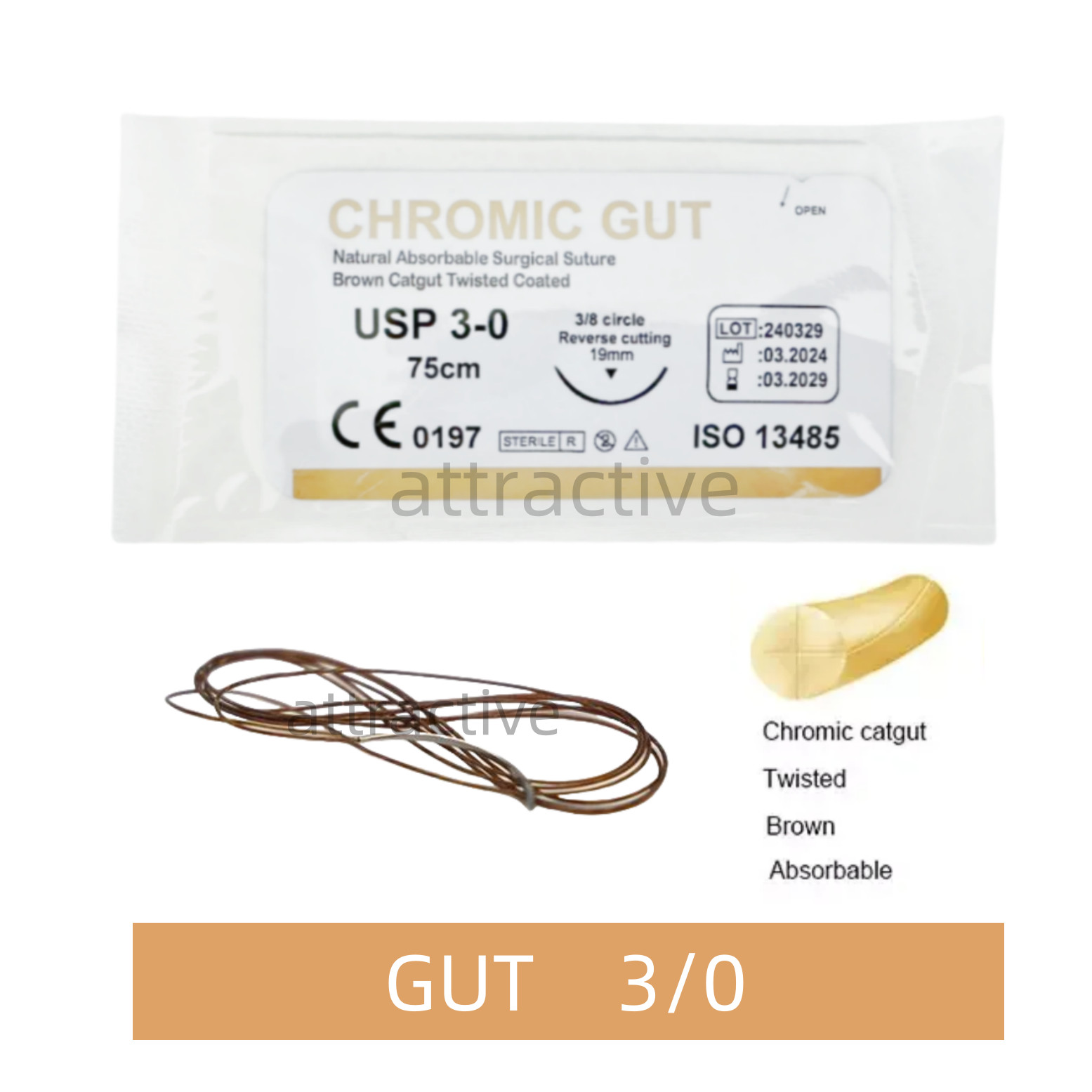 Absorbable Dental Surgical Suture CHROMIC GUT 3-0 Brown 75cm 3/8 Reverse Cutting
