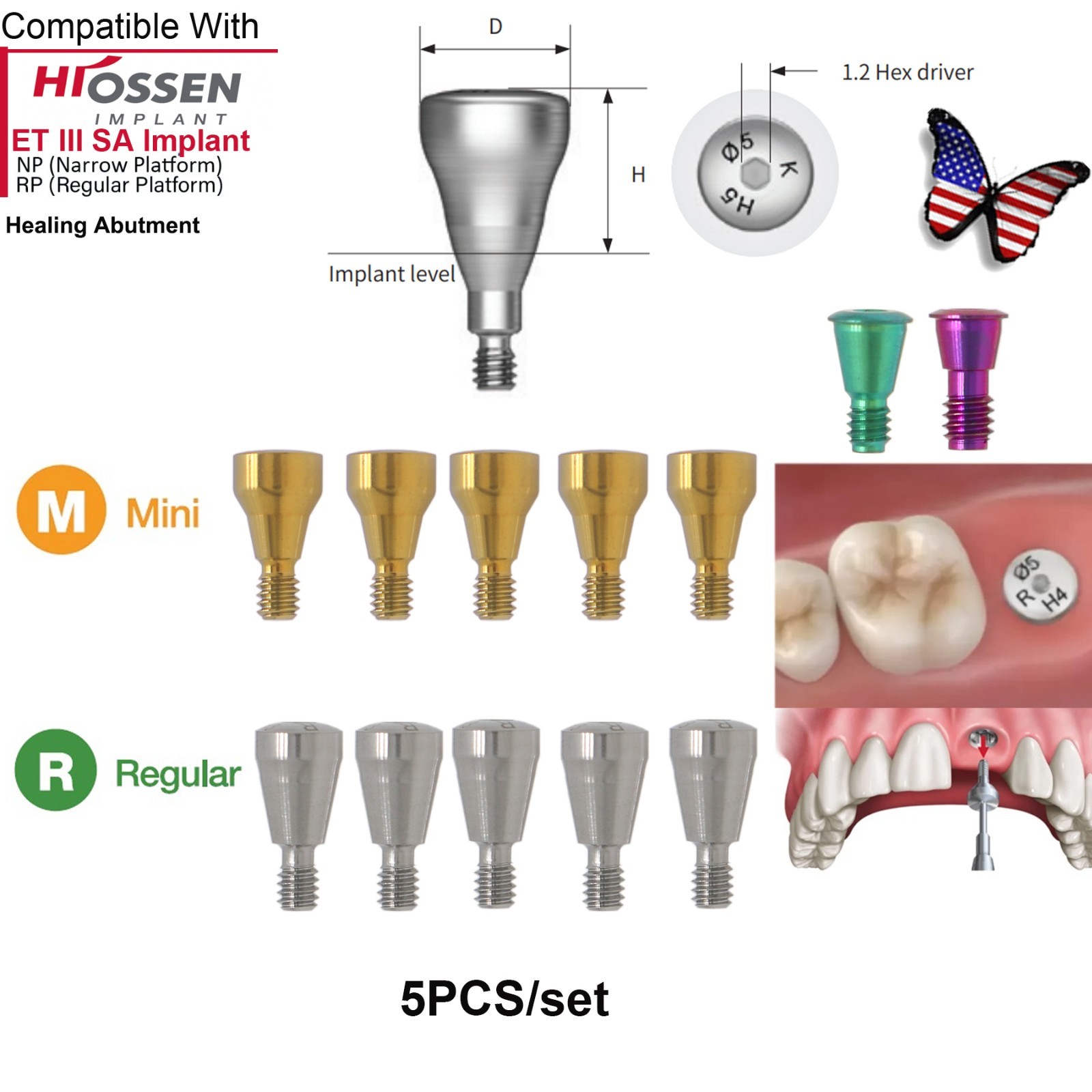 5Pcs Healing Cap Abutment Internal Hex Hiossen & Osstem Mini Regular Cover Screw