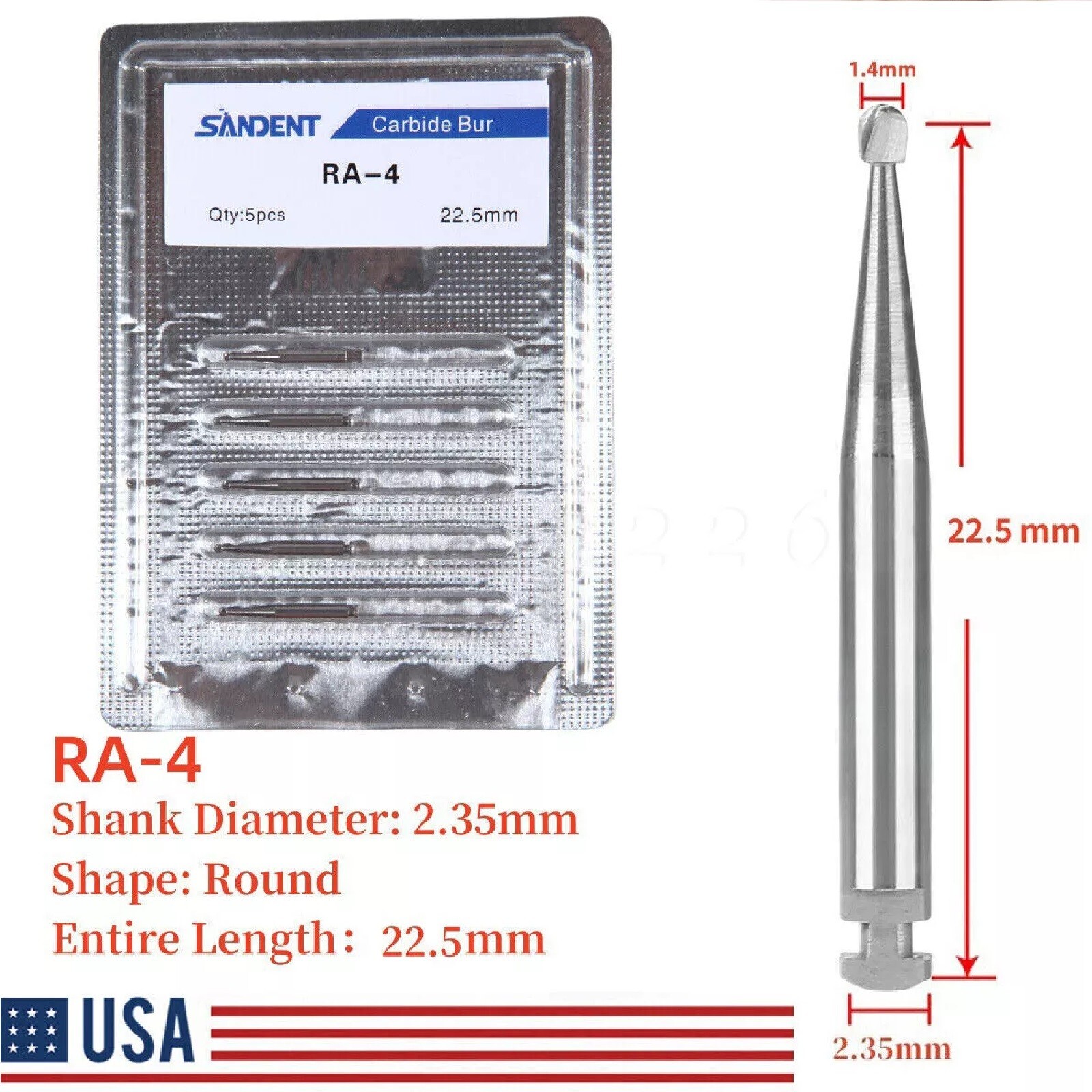 25 Pcs/5 Pack Dental 22.5mm Round Carbide Bur Slow Speed Latch Type RA4 Burs USA