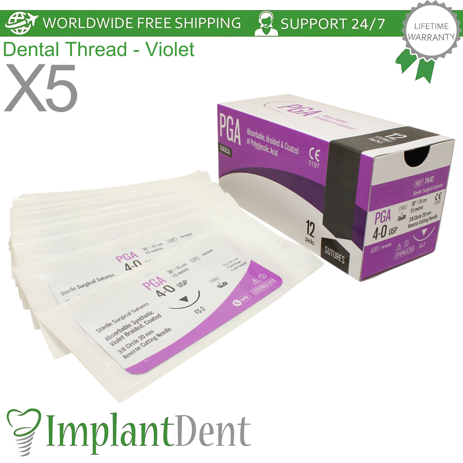 X5 Dental Thread SteriIe Individual Packs 12pcs 75cm 3/8 Circle 20.0mm Reverse
