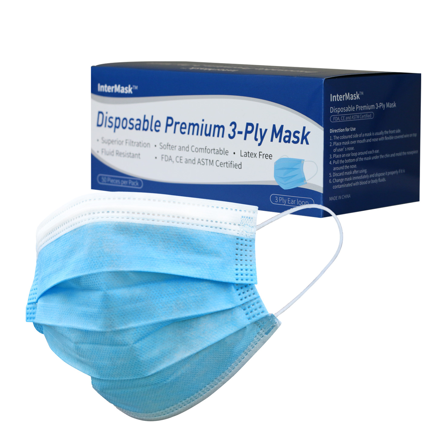 InterMask Disposable Premium 3-Ply Mask, ASTM Level 3, Box of 50