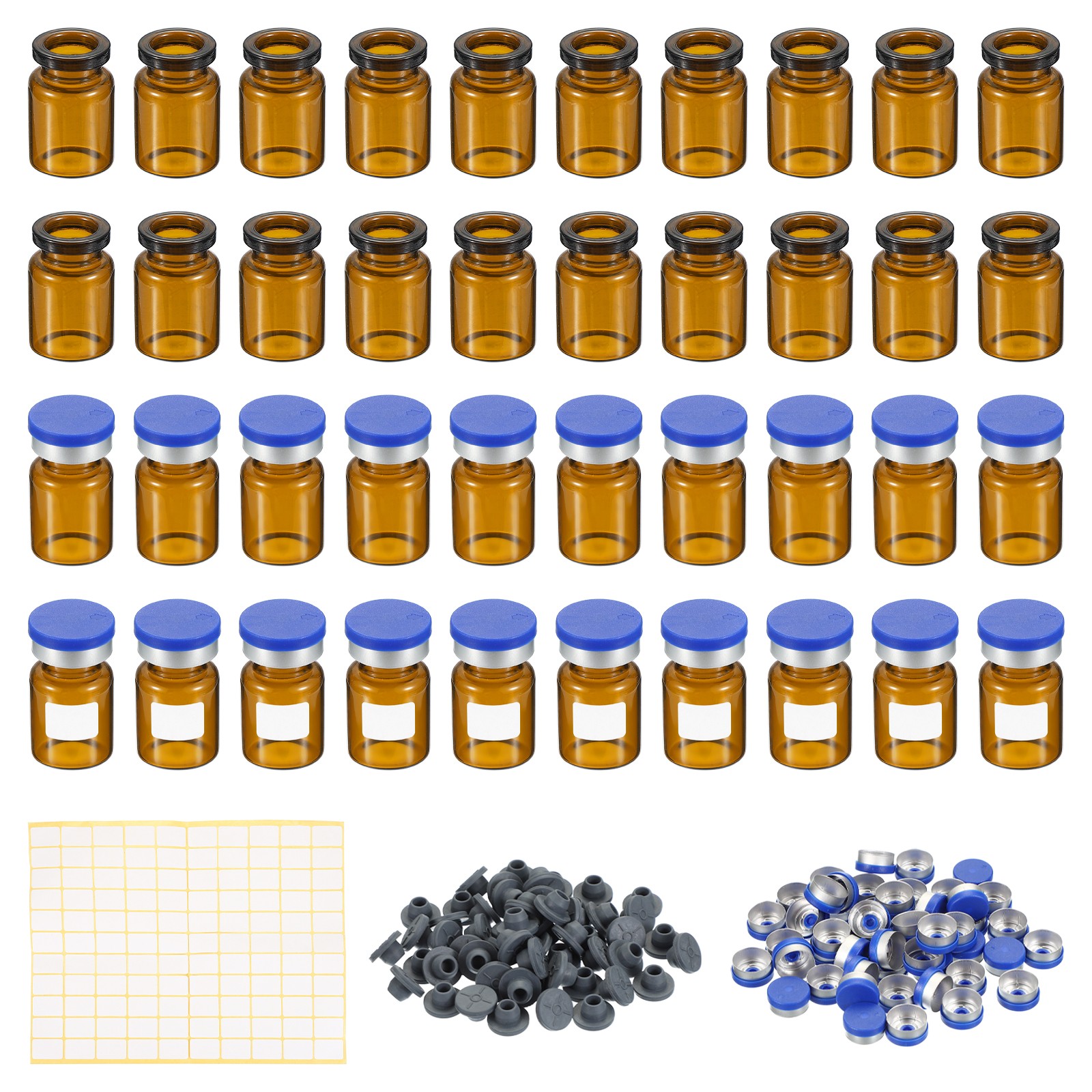 5ml Sample Vials 100pcs Lab Empty Vials with Rubber Stopper Caps Labels Amber