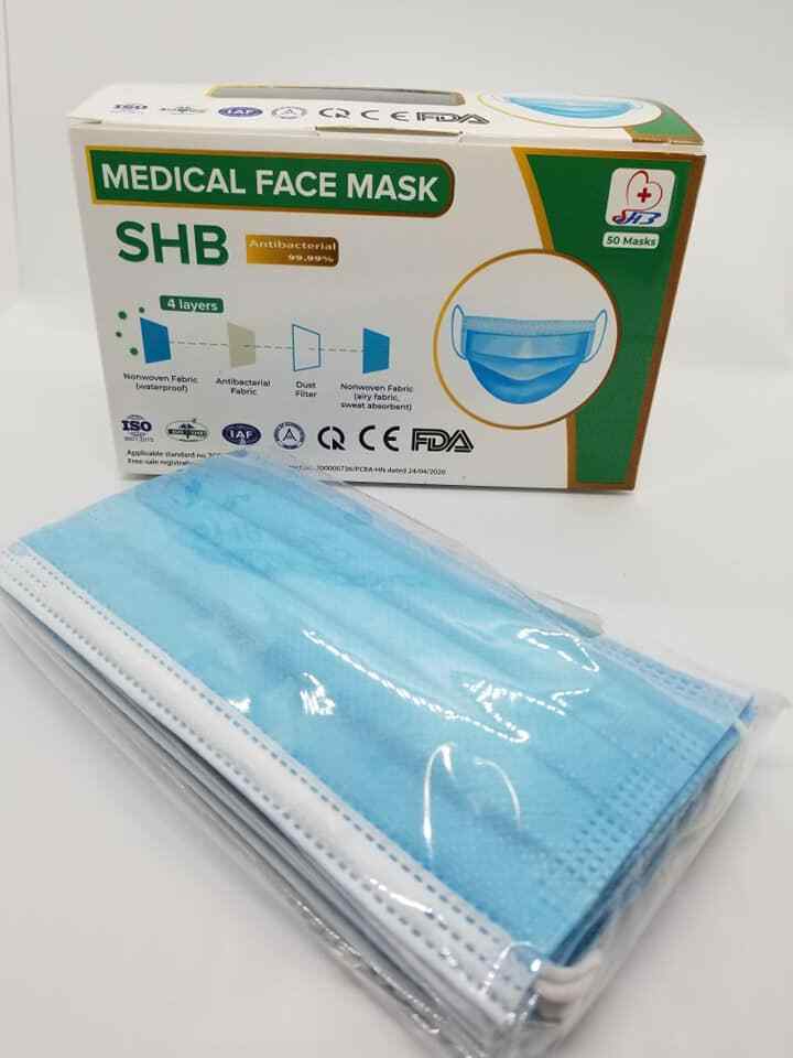 SHB Medical 50 Face Mask 4 ply High performance filters , bacteria ASTM LEVEL 3