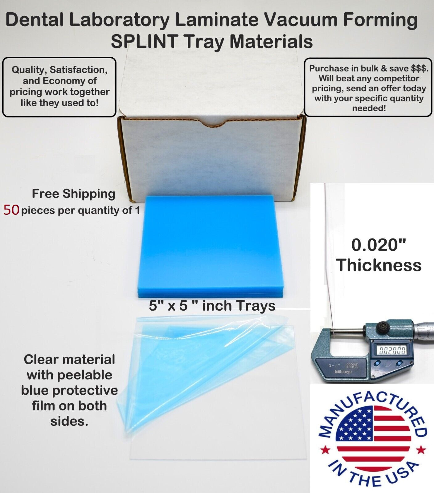 .020″ Clear SPLINT MATERIAL 5″ X 5″ 50/Pack Vacuum Forming Dental Lab