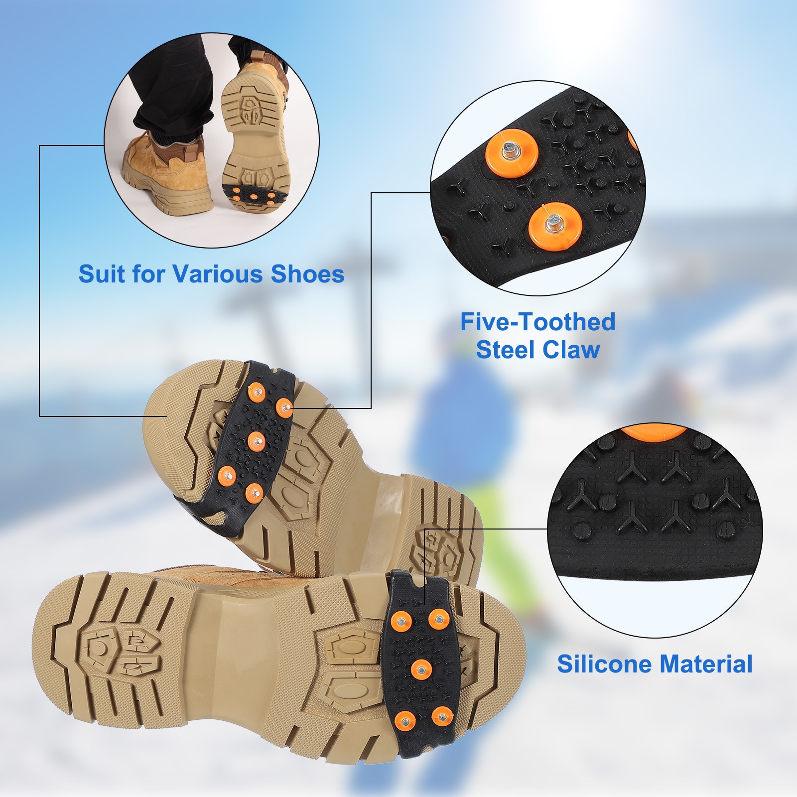 1 Pcs Non-Slip Spikes, 5 Tooth Steel Nails Ice Cleats, Black