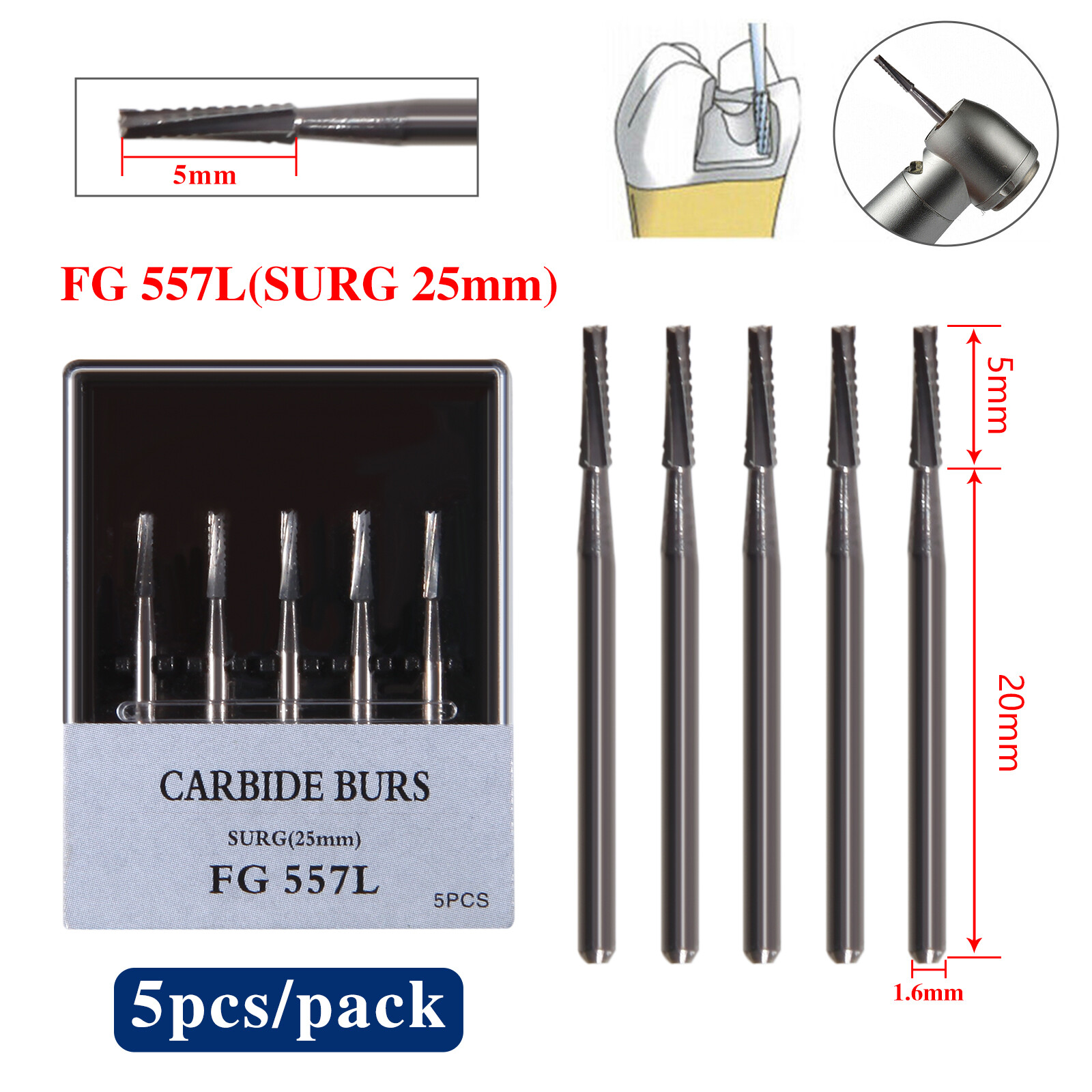 5PCS Carbide Surgical Burs FG 557L SURG 25mm Bur for High Speed Dental Handpiece