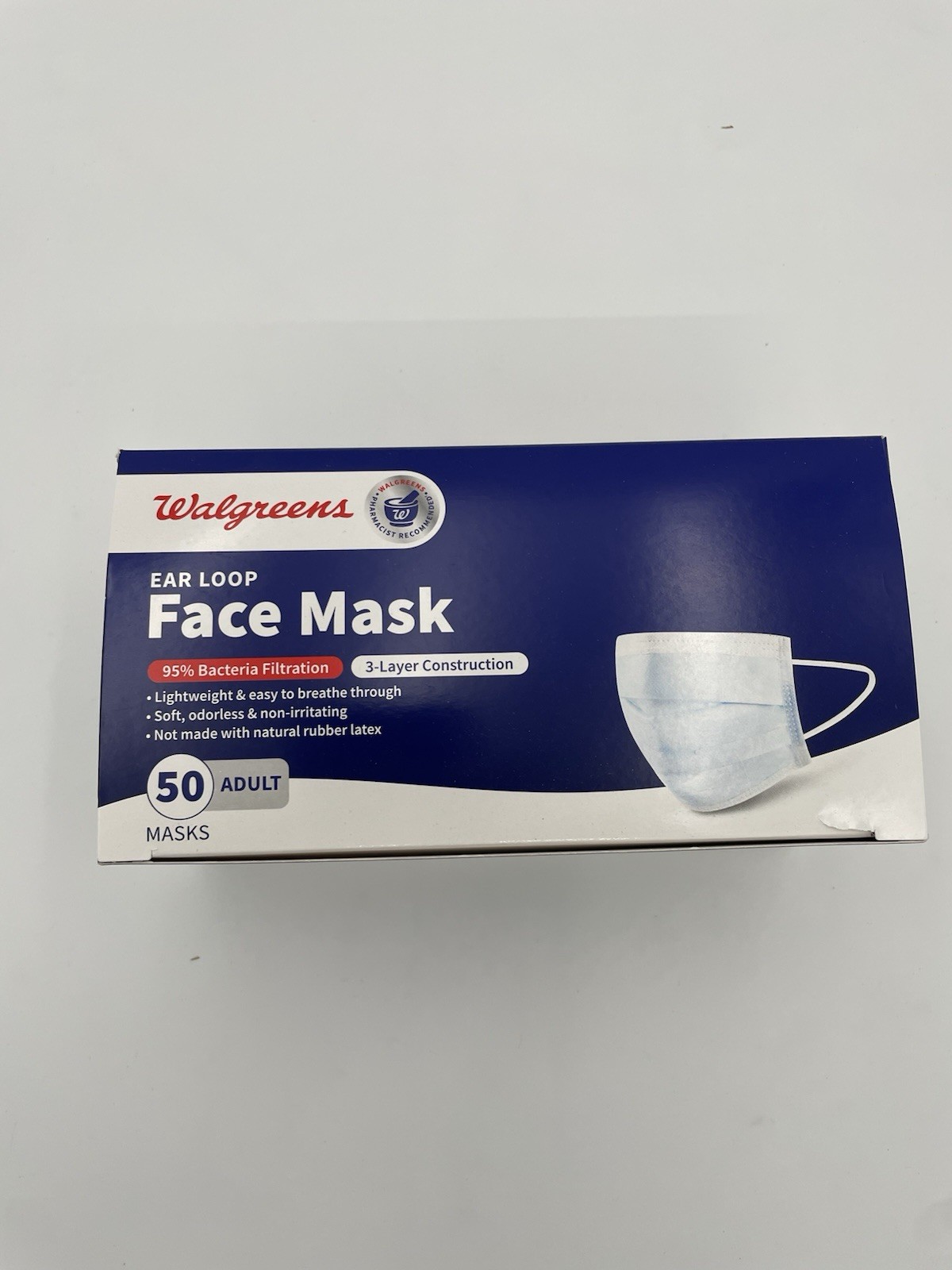 Walgreens 3 Ply Ear Loop Adult Face Mask, 20 Pack case, 50 Masks pp, Exp 2/25
