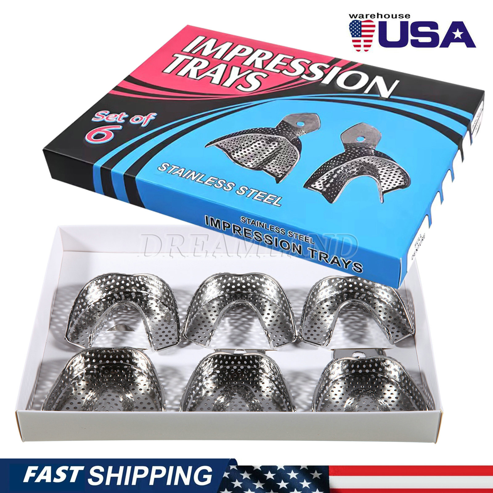 Dental Impression Trays Stainless Steel Perforated 6PC Upper+Lower S/M/L SKYSEA