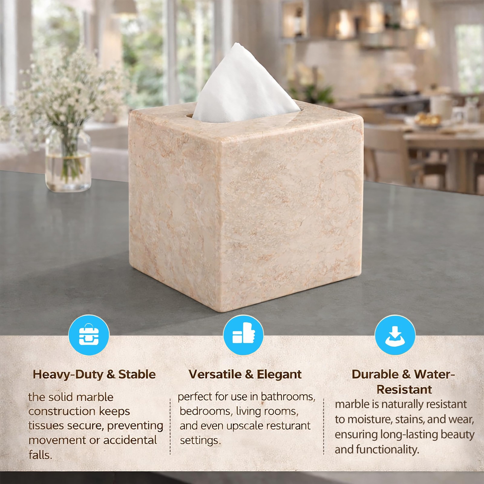 Creative Home Luxury Natural Champagne Marble Tissue Cover Heavy-Duty Square