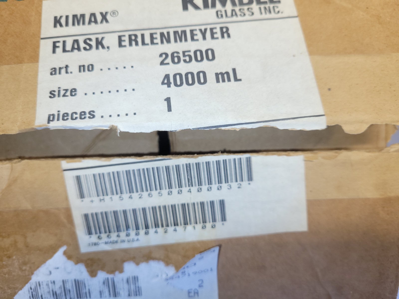 KIMAX 4000mL 4L Glass Graduated Heavy Duty Rim Erlenmeyer Flask 26500-4000