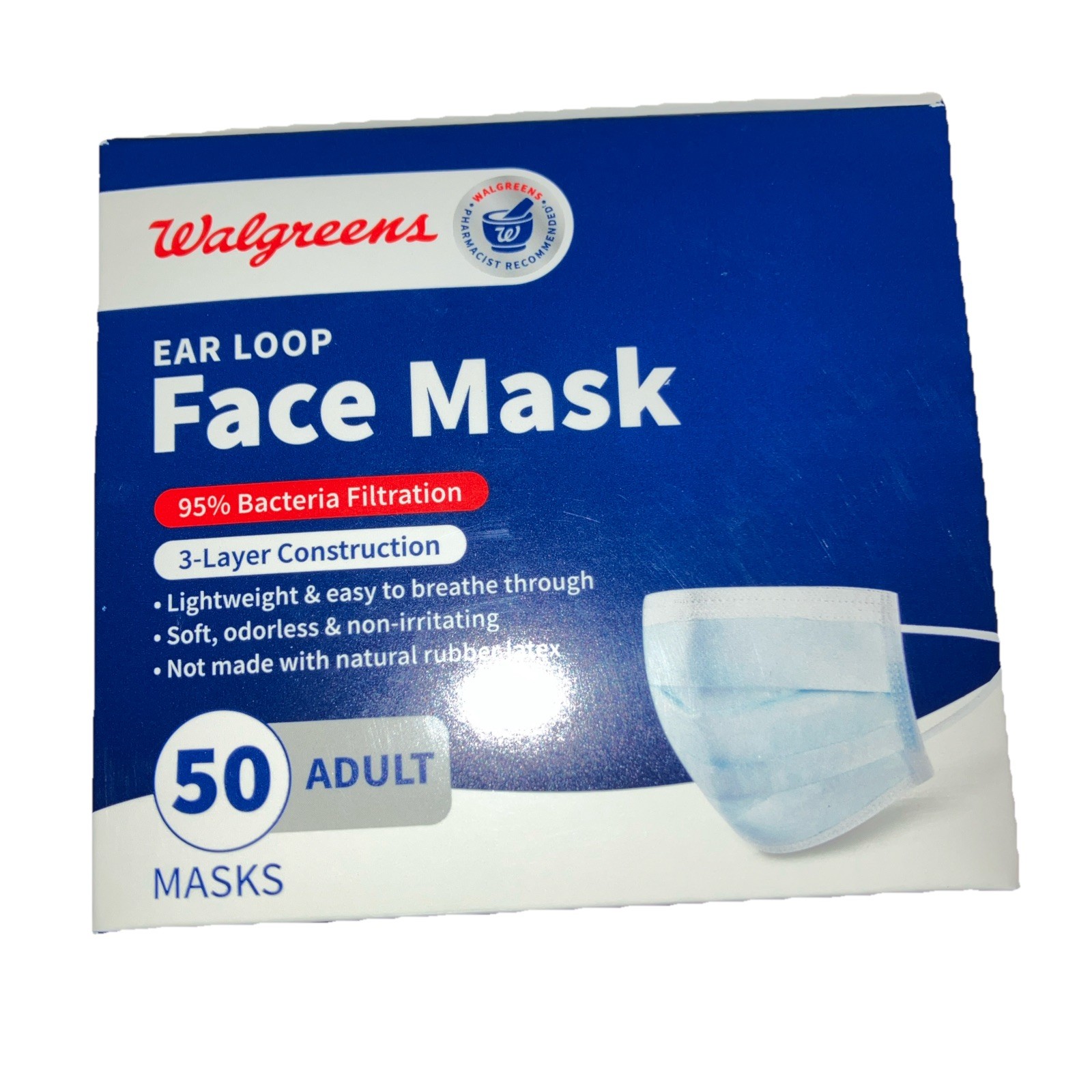 Walgreens Face Mask Ear Loops 100 Count Adult 95% Bacteria Filtration New In Box