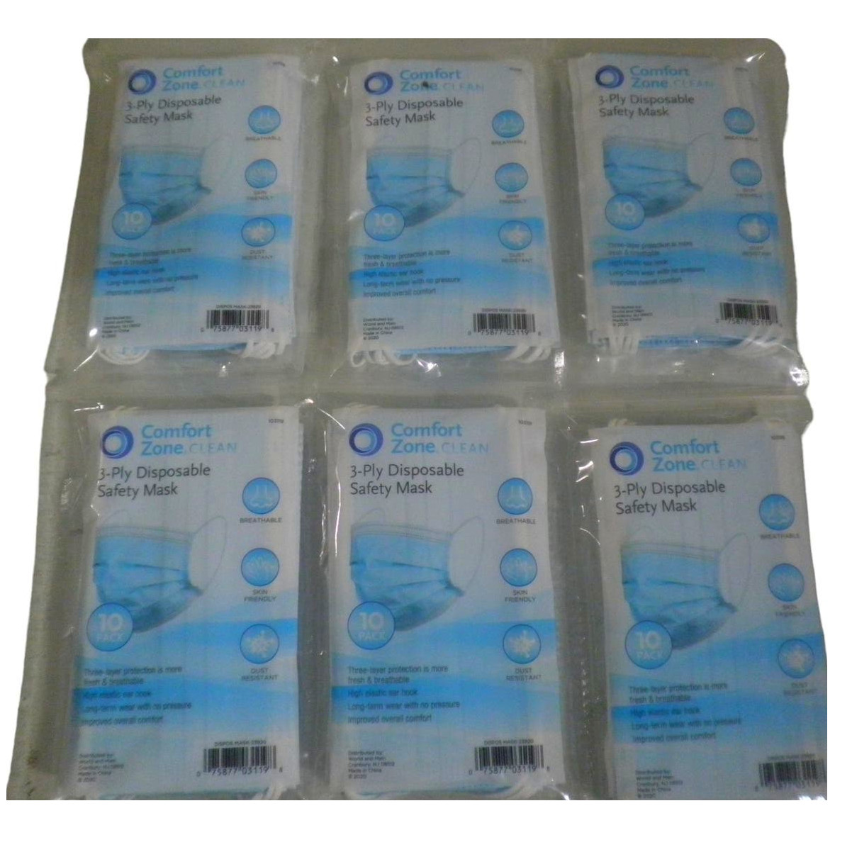 Comfort Zone 60-PK, Non-Medical Mask (6 x 10-PKS) 3-Layer, Disposable
