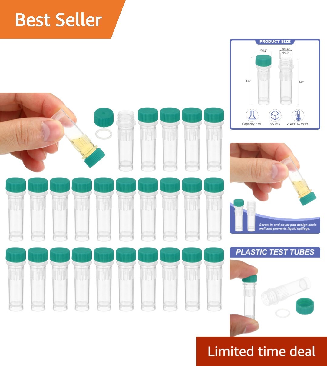 Self-Standing Cryogenic Tubes, 25 X 1ml with Green Caps for Safe Storage